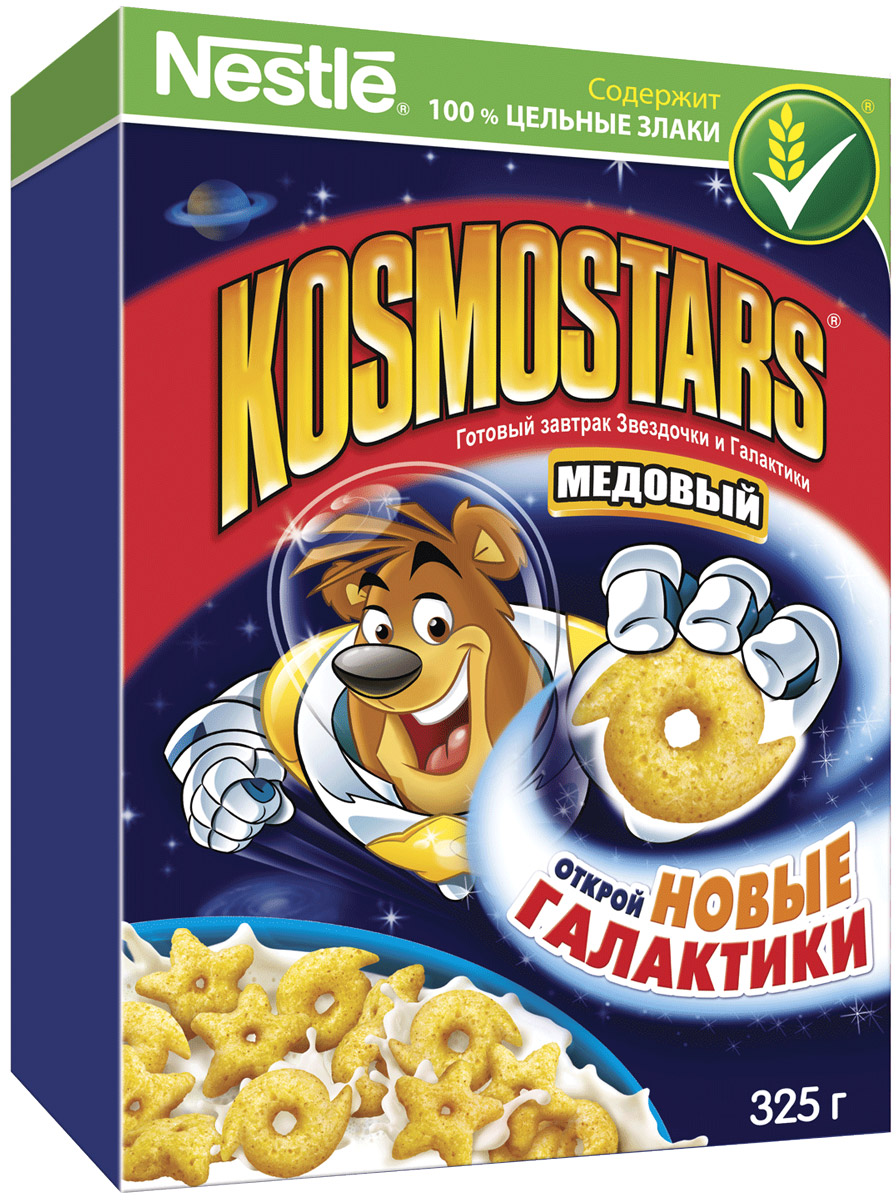 Nestle Kosmostars Медовые звездочки и галактики готовый завтрак, 325 г0120710 Nestle Kosmostars Медовые звездочки и галактики готовый завтрак, 325 г0120710Готовый завтрак Nestle Kosmostars Медовые звездочки и галактики - полезный, быстрый и вкусный способ получить заряд позитива и энергии на все утро как для юных космонавтов, так и для их родителей. Готовый завтрак содержит цельные злаки, натуральный мед, витамины и минеральные вещества. Цельные злаки играют важную роль в рационе питания детей, они содержат полезные для здоровья вещества: сложные углеводы, витамины, минеральные вещества и клетчатку (пищевые волокна). Рекомендуется употреблять с молоком, кефиром, йогуртом или соком.Уважаемые клиенты! Обращаем ваше внимание, что полный перечень состава продукта представлен на дополнительном изображении.