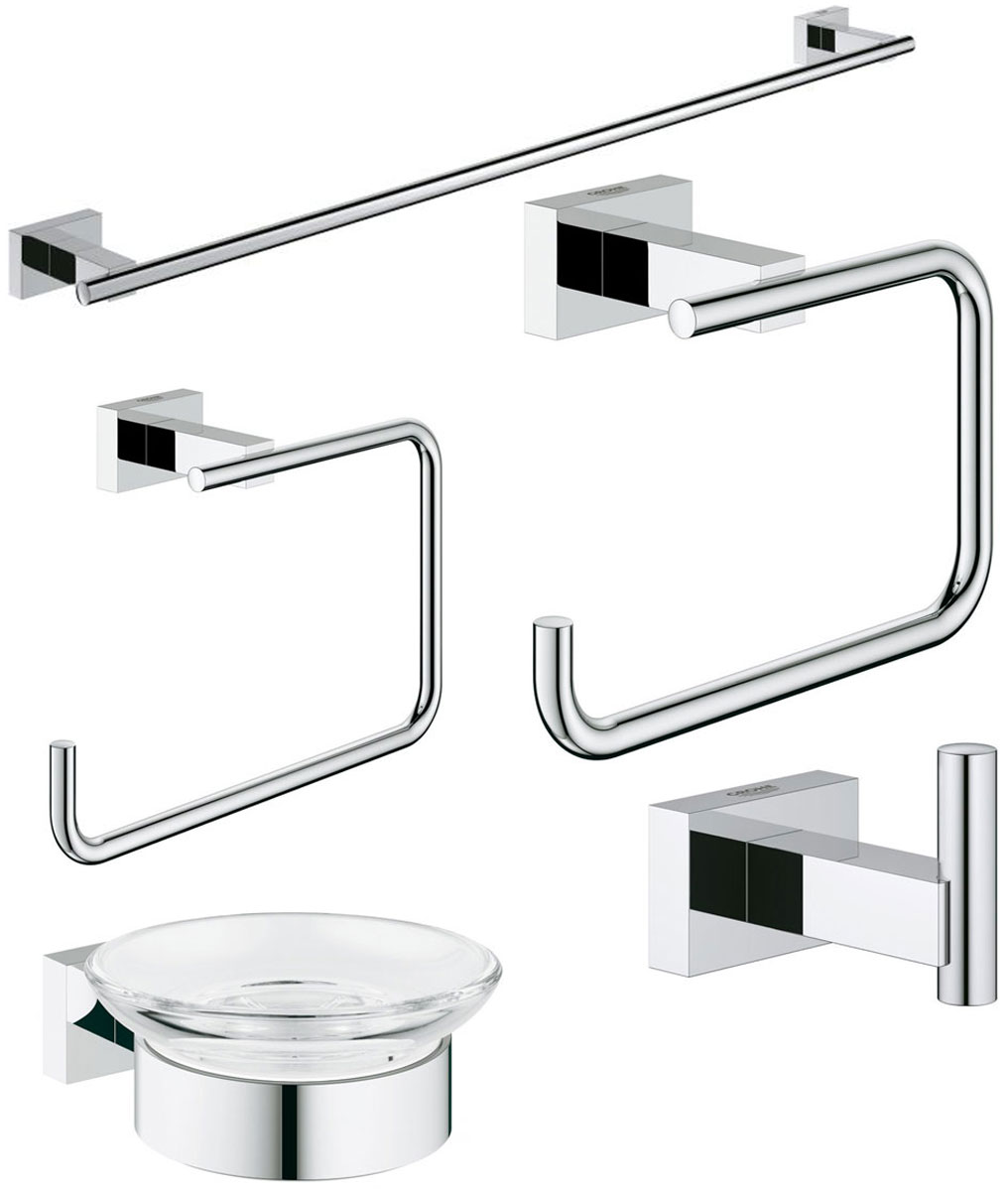 Набор аксессуаров для ванной комнаты Grohe Essentials Cube, 5 предметов68/5/3 Набор аксессуаров для ванной комнаты Grohe Essentials Cube, 5 предметов68/5/3Набор аксессуаров для ванной комнаты Grohe Essentials Cube включает мыльницу с держателем, держатель для банного полотенца, держатель туалетной бумаги, крючок для банного халата и кольцо для полотенца. Набор очень практичен и функционален. Изделия выполнены из металла с хромированным покрытием. Благодаря специальной технологии Grohe StarLight покрытие обеспечивает сияющий блеск на протяжении всего срока службы. Кроме того, оно отталкивает грязь, не тускнеет и обладает высокой степенью износостойкости. Аксессуары крепятся к стене (крепежные элементы поставляются в комплекте). Крепление скрытое.Благодаря неизменно актуальному дизайну и долговечному хромированному покрытию, такой набор отлично дополнит интерьер ванной комнаты, воплощая собой изысканный стиль и превосходное качество.Размер кольца для полотенец: 19 х 11,5 х 6 см. Размер крючка: 6 х 4 х 4 см. Размер держателя туалетной бумаги: 14 х 9 х 6 см. Диаметр мыльницы: 11 см. Размер мыльницы (с держателем): 12 х 11 х 4,5 см. Длина держателя для банного полотенца: 60 см.