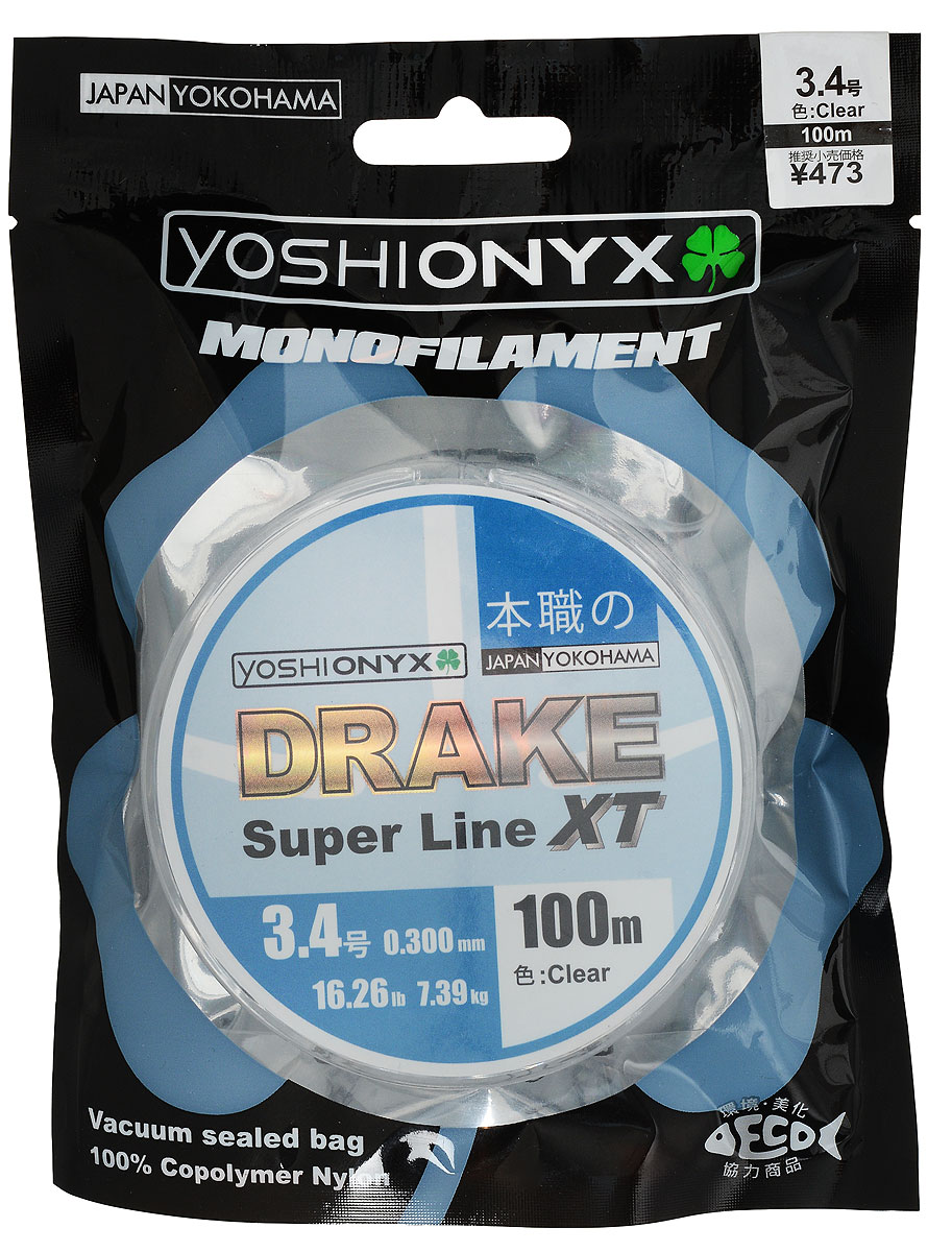 Леска Yoshi Onyx Drake Super Line XT, цвет: прозрачный, 100 м, 0,3 мм, 7,39 кг89474 Леска Yoshi Onyx Drake Super Line XT, цвет: прозрачный, 100 м, 0,3 мм, 7,39 кг89474Леска Yoshi Onyx Drake Super Line XT выполнена из прозрачного монофила (нейлон), что делает ее универсальной. Скользкий и мягкий, этот материал невероятно прочен и отлично выдерживает разрывную нагрузку на большинстве узлов. Леска обладает непревзойденными водоотталкивающими свойствами и практически незаметна в воде, что делает ее незаменимой при ловле в условии низких температур. Данная леска обладает повышенной устойчивостью к истиранию, прочностью и превосходной чувствительностью.
