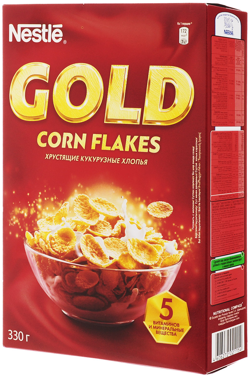 Nestle Gold Corn Flakes готовый завтрак, 330 г0120710 Nestle Gold Corn Flakes готовый завтрак, 330 г0120710Готовый завтрак Nestle Gold Corn Flakes - это отличный завтрак для всей семьи. Хрустящие кукурузные хлопья дополнительно обогащены комплексом витаминов. Каждая порция готового завтрака более чем на 15% удовлетворяет рекомендуемую суточную потребность в витаминах B2, B3 (ниацине), B5 (пантотеновой кислоте), B6 и B9 (фолиевой кислоте). Вы любите начинать утро с полезного, качественного и вкусного завтрака? Вы привыкли выбирать для себя только самое лучшее? Тогда кукурузные хлопья Gold Corn Flakes - для вас! Хлопья рекомендуется употреблять с молоком, кефиром, йогуртом или соком.Уважаемые клиенты! Обращаем ваше внимание на то, что упаковка может иметь несколько видов дизайна. Поставка осуществляется в зависимости от наличия на складе.