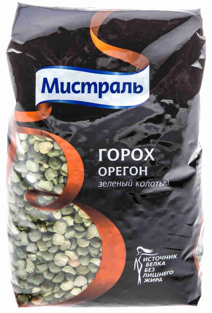 Мистраль Горох шлифованный зеленый колотый Орегон, 500 г0120710 Мистраль Горох шлифованный зеленый колотый Орегон, 500 г0120710Горох - самый популярный в России представитель бобовых. Его любят за нежную текстуру и простоту приготовления. К тому же горох богат растительным белком, который по набору аминокислот является отличной заменой животному белку. Горох Мистраль не требует замачивания и быстро разваривается.Горох Орегон используется в супах и соусах. Зеленый горох имеет сладковатый вкус и нежную текстуру.