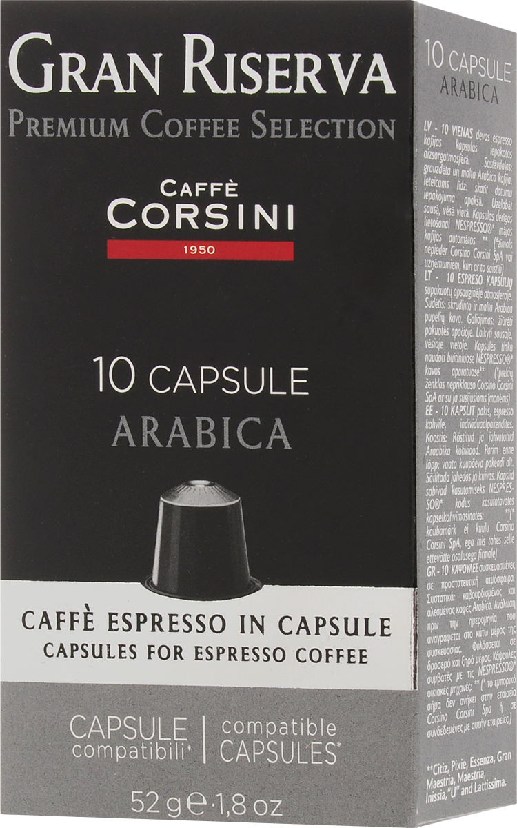Caffe Corsini Gran Riserva Arabica кофе капсульный, 10 шт8001684909995 Caffe Corsini Gran Riserva Arabica кофе капсульный, 10 шт8001684909995Caffe Corsini Gran Riserva Arabica - высококачественная арабика, произведенная в Италии. Напиток имеет насыщенный бархатный вкус, с оттенками зеленого яблока и тропических фруктов. В послевкусии присутствует тон карамели и молочного шоколада. Капсульная система гарантирует неизменный вкус от кружки к кружке, поскольку воздействие человека на приготовление напитка минимально. Кофе в капсулах изготовлен специально для кофемашин системы Nespresso.Уважаемые клиенты! Обращаем ваше внимание на то, что упаковка может иметь несколько видов дизайна. Поставка осуществляется в зависимости от наличия на складе.
