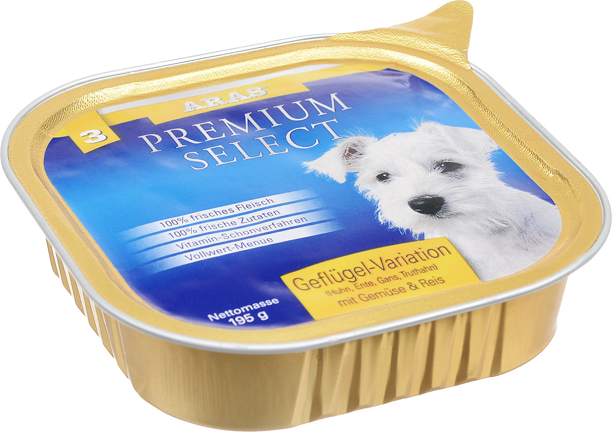 Консервы для собак Aras Premium Select, с домашней птицей, овощами и рисом, 195 г0120710 Консервы для собак Aras Premium Select, с домашней птицей, овощами и рисом, 195 г0120710Повседневный консервированный корм Aras Premium Select подходим для собак всех пород и всех возрастов. При производстве корма используются исключительно свежие натуральные продукты: мясо домашних птиц, овощи, рис и экстракт масла зародышей зерна пшеницы холодного отжима (Bio-Dura). Благодаря уникальной технологии, схожей с технологий Souse Vide, при изготовлении сохраняются все натуральные витамины и минералы. Это достигается благодаря бережной обработке всех ингредиентов при температуре менее 80 градусов. Такая бережная обработка продуктов не стерилизует продуктовые компоненты, поэтому корма не нуждаются ни в каких дополнительных вкусовых добавках и сохраняют все необходимые полезные вещества.Не содержит химических красителей, усилителей вкуса, искусственных консервантов, химических добавок и ГМО. Состав: мясо (утка, индейка, курица, гусь) 94%, овощи 2%, рис 2%, экстракт зародышей пшеницы холодного отжима 2%. Пищевая ценность: белки 12,8%, жиры 6,2%, зола 2,2%, клетчатка 0,4%, влажность 77,6%. Товар сертифицирован.