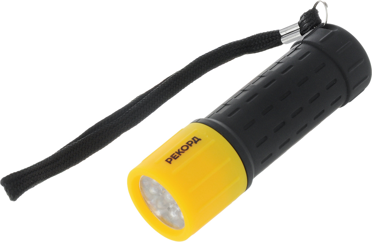 Фонарь светодиодный Рекорд, цвет: желтый, черныйKOCAc6009LED Фонарь светодиодный Рекорд, цвет: желтый, черныйKOCAc6009LEDСветодиодный фонарик Рекорд выполнен из приятного на ощупь прорезиненного пластика. Он отличается экономным расходом питания и высокой надежностью, также обладает оптимальным световым потоком и фокусировкой. Светодиод обеспечивает длительный срок службы. Такой фонарь идеален для использования дома, в дороге, на даче, в походных условиях. Он оснащен текстильным шнурком, который обеспечивает удобную переноску.Размер фонарика: 9,5 х 3 х 3 см.Питается от 3 батареек типа ROЗ ААА (не входят в комплект).Время работы: 72 часа.Яркость: 45 люмен.Дальность луча: 25 метров.Количество светодиодов: 9.