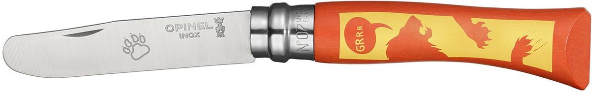 Нож Opinel My First Opinel №07, длина клинка 8 см, цвет: оранжевый001701 Нож Opinel My First Opinel №07, длина клинка 8 см, цвет: оранжевый001701Нож Opinel с закругленным лезвием изготовлен из нержавеющей стали. Рукоять ножа оформлена рисунками со львом. Маленьким любителям приключений и мастерам на все руки этот нож придется по душе. Девиз этого ножа: Opinel есть у дедушки и папы, я тоже хочу такой!.Характеристики. Материал лезвия: сталь Sandvik 12C27. Материал рукояти: бук. Тип ножевого замка: Viroblock. Приспособление для открытия клинка: насечка на лезвии. Длина лезвия, см: 8. Длина ножа, см: 17,3. Ширина лезвия, см: 1,6. Длина в сложенном положении, см: 10. Вес, гр: 25. Viroblock - оригинальное запорное устройство, представляющее собой кольцо с прорезью, которое, будучи повернуто относительно оси ножа, упирается в пятку клинка и не дает ножу самопроизвольно складываться при работе или раскладываться в кармане. Конструкция эта защищена патентом и устанавливается на ножи Opinel с 1955 года, начиная с модели № 6. Французская форма Opinel - производитель ножей с 1890 года. Удачная конструкция ножей обеспечила фирме не только длительное существование, но и всемирную славу. Ножи Opinel являются символом Франции. Классический нож этого типа - рукоять из дерева, металлическая втулка, ось, клинок и поворотное кольцо. Такая простота наряду с малой ценой и отличным качеством - вот рецепт успеха этих ножей. Наиболее распространены ножи с поворотным кольцом, которое фиксирует клинок в двух положениях.