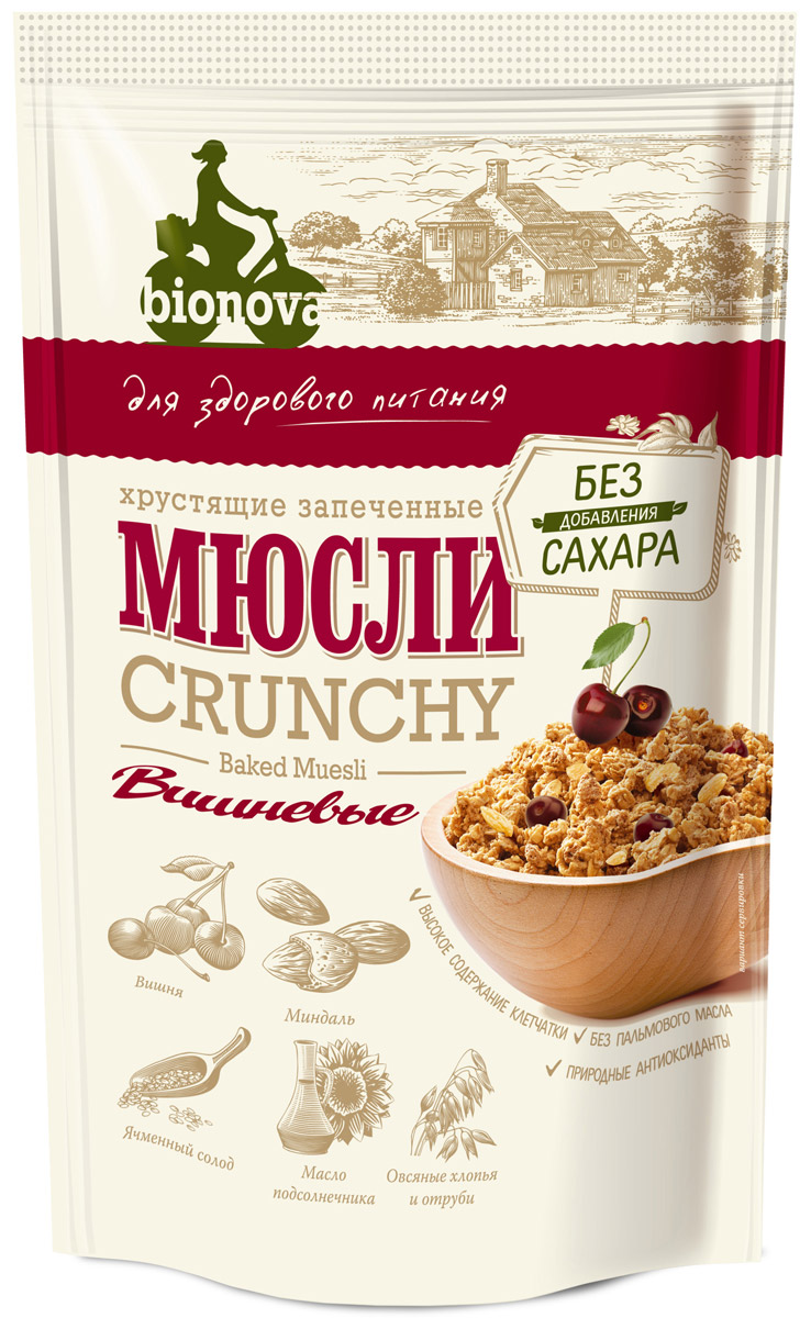 Bionova мюсли хрустящие запеченные Вишневые, 400 г0120710 Bionova мюсли хрустящие запеченные Вишневые, 400 г0120710Bionova - это хрустящие запеченные мюсли без добавления сахара и пальмового масла, которые содержат цельные орехи, фрукты и ягоды, а также природное пищевое волокно - клетчатку.