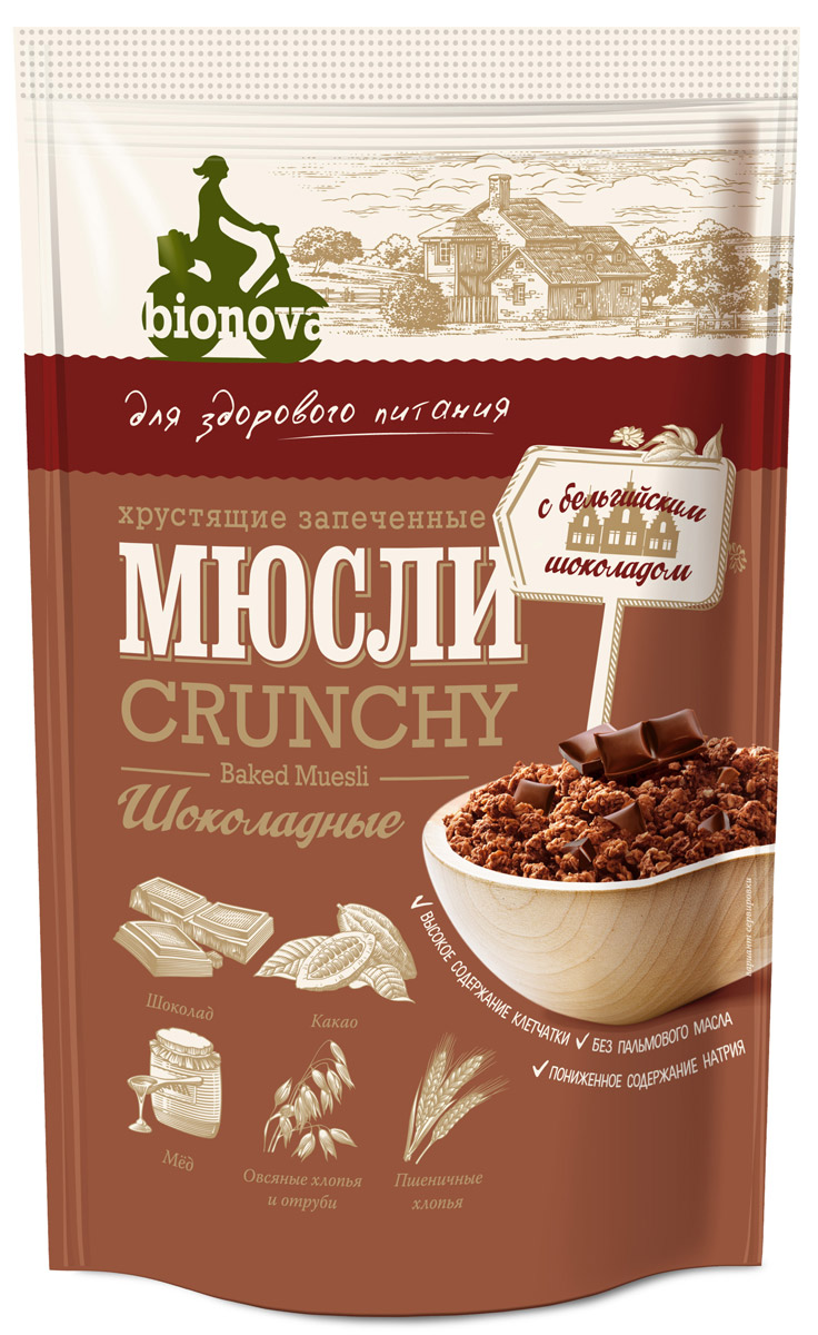 Bionova мюсли хрустящие запеченные Шоколадные, 400 г0120710 Bionova мюсли хрустящие запеченные Шоколадные, 400 г0120710Bionova - это хрустящие запеченные мюсли без добавления сахара и пальмового масла, которые содержат цельные орехи, фрукты и ягоды, а также природное пищевое волокно - клетчатку.