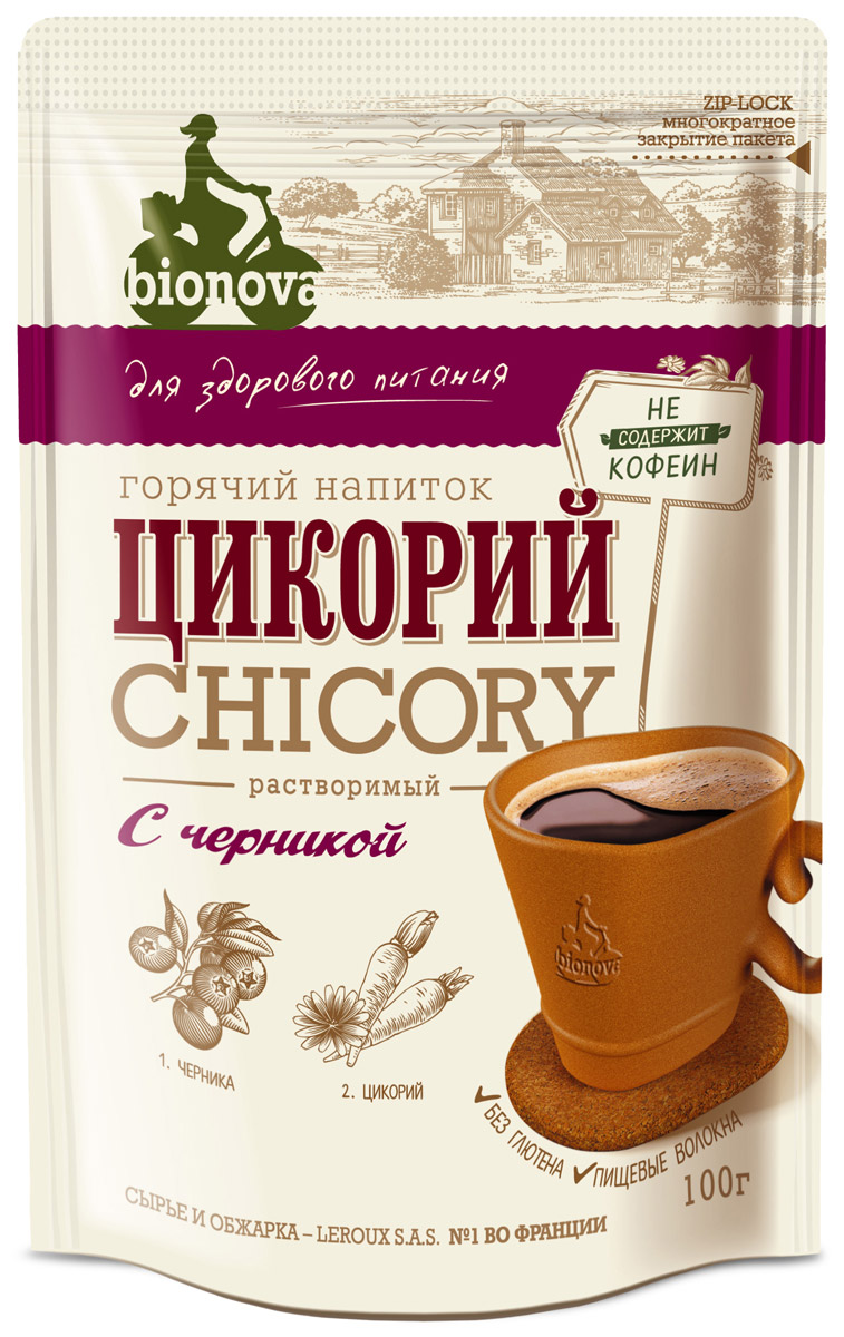 Bionova напиток из цикория с черникой, 100 г0120710 Bionova напиток из цикория с черникой, 100 г0120710Горячий напиток для здорового питания, изготовленный из корней цикория, выращенных и обработанных по уникальной технологии производства компании LEROUX S.A.S (Франция), и экстракта ягод черники. Преимущества: • Содержит экстракт черники, который используют как источник природных витаминов, для решения проблем со зрением и кровообращением. • Содержит витамины и минералы • Не содержит кофеин, не повышает артериальное давление • Содержит инулин - растительное пищевое волокно(в 1 порции 48% инулина от суточной нормы), которое: • - улучшает микрофлору кишечника • - стимулирует рост и активность полезных бифидобактерий • - улучшает усвоение организмом кальция • Рекомендуемая Институтом Питания РАМН величина суточного потребления инулина составляет 2,5 г, что соответствует 6 чайным ложкам цикория BIONOVA™
