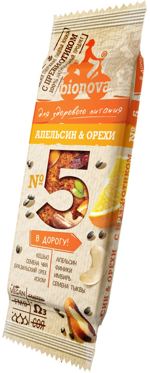 Bionova фруктово-ореховый батончик с апельсином, 35 г4607013792838 Bionova фруктово-ореховый батончик с апельсином, 35 г4607013792838В дорогу! Для бодрости и позитива в путешествии! Утолит голод и придаст сил. Любите путешествовать? Незаменимый в дороге батончик с апельсином, имбирем и бразильским орехом. Восполнит энергию, продлит чувство сытости, добавит остроты ощущениям. Не займет много места в рюкзаке! 100 % натуральный продукт; Не содержит ГМО, глютен, холестерин, сою и молоко; Без добавления сахара, красителей, консервантов и ароматизаторов; Высокое содержание пищевых волокон; Высокое содержание Омега-3-полиненасыщенных жирных кислот; Содержит инулин – пребиотик, улучшающий микрофлору кишечника, стимулирующий рост и активность полезных бифидобактерий; Подходит веганам; Можно употреблять в пост; Удобно взять с собой.