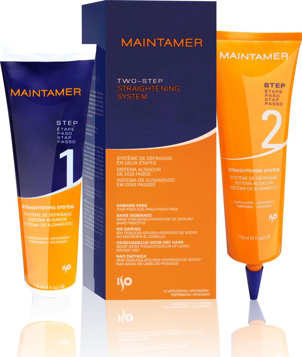 ISO Средство для выпрямления Maintamer Straightening System - , 118 мл*118 млSatin Hair 7 BR730MN ISO Средство для выпрямления Maintamer Straightening System - , 118 мл*118 млSatin Hair 7 BR730MNMaintamer – это двухшаговое средство для выпрямления волос.Придает волосам превосходную гладкость, податливость и блеск. Идеально подходит для разглаживания жестких волос, выпрямления завитков и волн, распрямления концов ранее текстурированных волос, устранения пушения.- Специально подобранные компоненты смягчают волосы и запечатывают кутикулу.- Растительные увлажнители обеспечивают великолепный уход.- Протеины сои защищают и придают блеск.- Низкий уровень рН уменьшает сухость.- Новый фруктовый запах.ИНГРЕДИЕНТЫ: запатентованный компонент ISOамин.Растительные компоненты: лаванда, розмарин, лемонграсс, кора вишневого дерева и протеины сои.Не содержит тиогликоль и щелочь!Как действует ISOамин?ISOамин легко притягивается к отрицательно заряженному волосу, как металл к магниту. Благодаря этой способности, он беспрепятственно проникает в структуру волоса, не повреждая кутикулу. Вследствие более глубокого и равномерного проникновения, ISOамин позволяет получать превосходные результаты завивки или выпрямления и, при этом, оставляет волосы здоровыми и сильными.
