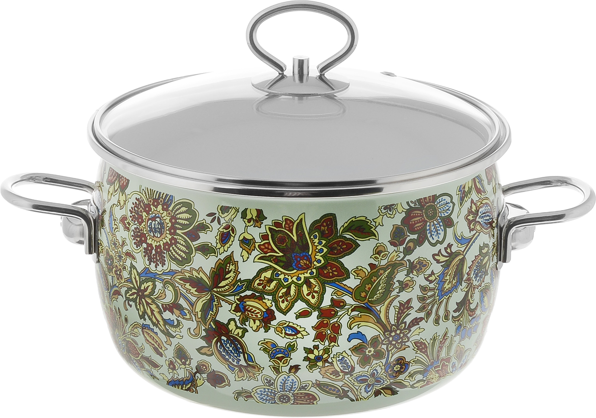 Кастрюля СтальЭмаль Imperio, цвет: салатовый, мультиколор, 4 л54 009312 Кастрюля СтальЭмаль Imperio, цвет: салатовый, мультиколор, 4 л54 009312Кастрюля СтальЭмаль Imperio изготовлена из высококачественной стали с эмалированным покрытием и оформлена оригинальным цветочным рисунком. Эмаль устойчива к пищевым кислотам, не вступает во взаимодействие с продуктами и не искажает их вкусовые качества.Изделие оснащено удобными ручками. Комбинированная крышка из высококачественной нержавеющей стали и жаропрочного стекла позволяет следить за процессом приготовления, не открывая крышки. Специальное отверстие для выхода пара позволяет готовить с закрытой крышкой, предотвращая выкипание. br>Подходит для всех типов плит, включая индукционные. Можно мыть в посудомоечной машине. Диаметр кастрюли (по верхнему краю): 21,5 см.Высота стенки: 13 см