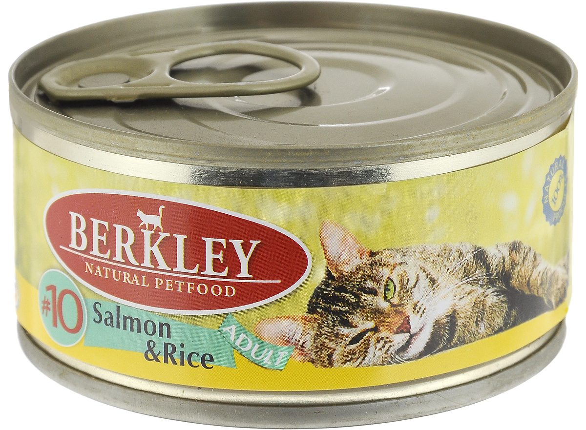 Консервы для кошек Berkley №10, лосось с рисом, 100 г0120710 Консервы для кошек Berkley №10, лосось с рисом, 100 г0120710Berkley №10 - это полноценное консервированное питание для кошек. Содержит нежное мясо лосося наилучшего качества с добавлением риса в ароматном бульоне. Консервы приготовлены исключительно из натурального сырья. Не содержат сои, искусственных красителей, ароматизаторов и консервантов.Товар сертифицирован.