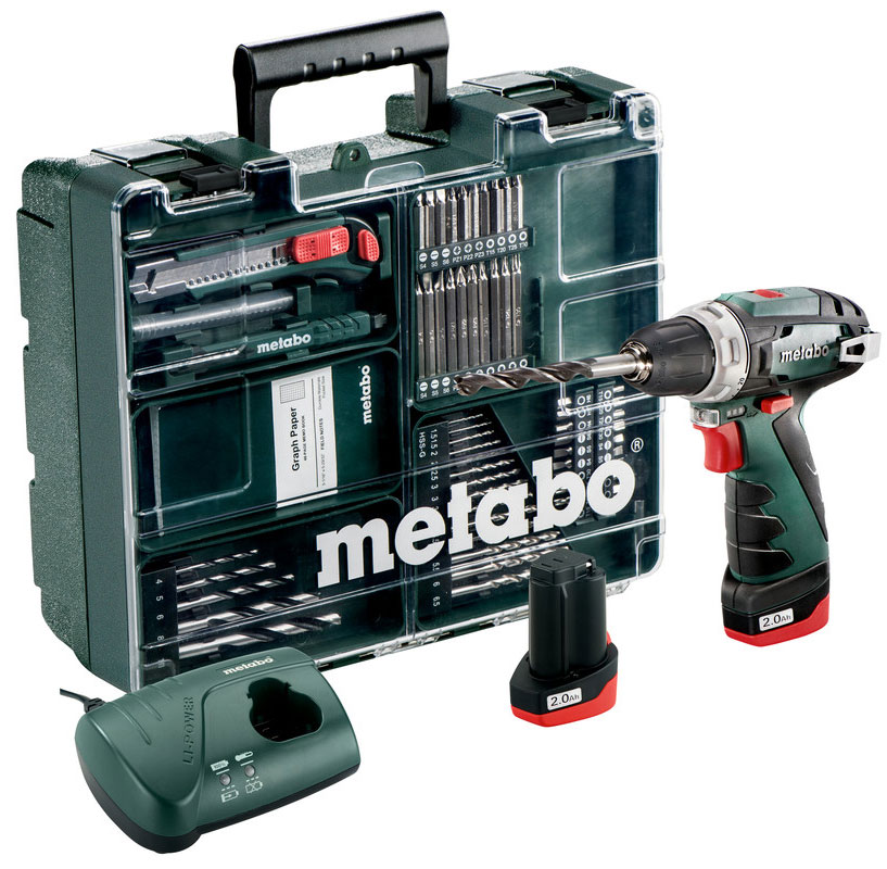 Дрель-шуруповерт аккумуляторная Metabo PowerMaxx BS Basic, с комплектом аксессуаровкн14,4 Дрель-шуруповерт аккумуляторная Metabo PowerMaxx BS Basic, с комплектом аксессуаровкн14,4br>Система Metabo Quick: быстрая смена держателя с насадкой для проведения любых работНапряжение аккумуляторного блока 10.8 VМакс. мягкий вращающий момент 17 NmЛегкая и компактная дрель-винтоверт Metabo PowerMaxx BS Basic имеет укороченную конструкцию для универсального применения, а также встроенную подсветку для освещения рабочего места.Шпиндель с внутренним шестигранником для насадок шуруповерта, позволяющий работать без сверлильного патрона. Дрель имеет практичный крючок для ношения на ремне, с фиксацией справа или слева без инструментов. Аккумуляторные блоки с индикацией уровня заряда. Технология Ultra-M обеспечивает максимальную мощность, бережную зарядку, оптимальное использование энергии и длительный срок службы. Дрель упакована в пластиковый кофр с различными принадлежностями для сверления, завинчивания и многого другого.Тип аккумуляторного блока: литиево-ионный.Напряжение аккумуляторного блока: 10.8 В.Емкость аккумуляторного блока: 2 Ah.Максимальный мягкий крутящий момент: 17 Нм.Максимальный жесткий крутящий момент: 34 Нм.Вибрация:Сверление металла: 2.5 м/с2.Погрешность измерения K: 1.5 м/с2.Безударное завинчивание: 2.5 м/с2.Погрешность измерения K: 1.5 м/с2.Звуковая эмиссия:Уровень звукового давления: 64 дБ(А).Уровень звуковой мощности (LwA): 75 дБ(А).Погрешность измерения K: 3 дБ(А).
