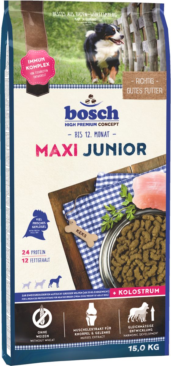 Корм сухой Bosch Junior Maxi для щенков крупных пород, 15 кг0120710 Корм сухой Bosch Junior Maxi для щенков крупных пород, 15 кг0120710Корм сухой Bosch Junior Maxi - полноценный корм для щенков крупных пород и щенков с массивным костяком. Обеспечьте питомца постоянным свободным доступом к свежей воде. Состав: свежее мясо домашней птицы, рис, ячмень, мясо домашней птицы, кукуруза, мука из свежего мяса, животный жир, свекольная пульпа, гидролизованное мясо, рыбная мука, яичный порошок, льняное семя, дрожжи, рыбий жир, поваренная соль, хлорид калия, мука из мидий, цикориевая пудра.Добавки (в 1 кг): Питательные добавки: Витамин А: 15,000 МЕ/кг, Витамин D3: 1,200 МЕ/кг, Витамин Е: 150 мг. Содержание питательных веществ: протеин 24,0%, содержание жира 12,0%, клетчатка 2,5%, минеральные вещества 6,5%, влажность 10,0%. Товар сертифицирован.