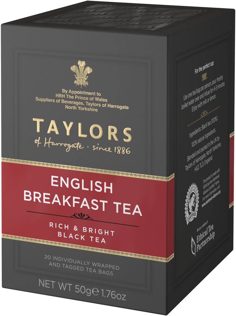 Taylors of Harrogate Английский завтрак чай черный байховый в пакетиках, 20 шт101246 Taylors of Harrogate Английский завтрак чай черный байховый в пакетиках, 20 шт101246Бодрящий освежающий чай высочайшего качества, приготовленный по традиционному рецепту. Рецепт изготовления чая Английский завтрак совершенствовался на протяжении долгого времени. Для получения бодрящего чая с глубоким насыщенным цветом мы отбираем лучшие чайные листочки с предгорий Африки и Шри-Ланки. Утонченный аристократический вкус чая Английский завтрак дает представление об истинно Английском чае.Способ приготовления: для приготовления одной чашки восхитительного напитка залейте 1 пакетик чая 180 мл горячей воды 100 С° и настаивайте в течение 4-5 минут. Добавьте молока или лимона по вкусу.