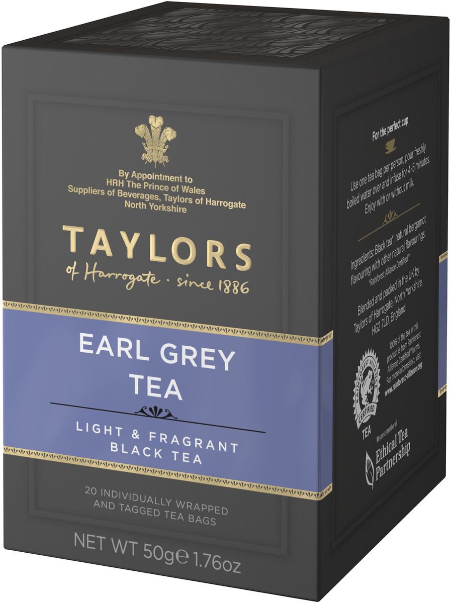Taylors of Harrogate Эрл Грей чай черный байховый с ароматом бергамота в пакетиках, 20 шт101246 Taylors of Harrogate Эрл Грей чай черный байховый с ароматом бергамота в пакетиках, 20 шт101246Высококачественный черный чай с натуральным маслом бергамота.История появления этого чая окружена множеством легенд. В одной из них говорится о графе Грее, премьер-министре Британии в 1830-1834 гг. Во время дипломатической миссии в Китай один из его дипломатов спас жизнь китайского мандарина, за что был награжден секретным рецептом приготовления чая с бергамотом. Согласно преданию, этот чай восстанавливает гармонию души и тела. Наш чай Эрл Грей создан из лучших сортов черного чая и натурального масла бергамота. Прозрачный светлый чай с тонким ароматом бергамота стал классическим чаем, получившим мировую известность.Способ приготовления: для приготовления одной чашки восхитительного напитка залейте 1 пакетик чая Эрл Грей 180 мл горячей воды 100°С и настаивайте в течение 3-5 минут. Добавьте молока или лимона по вкусу.