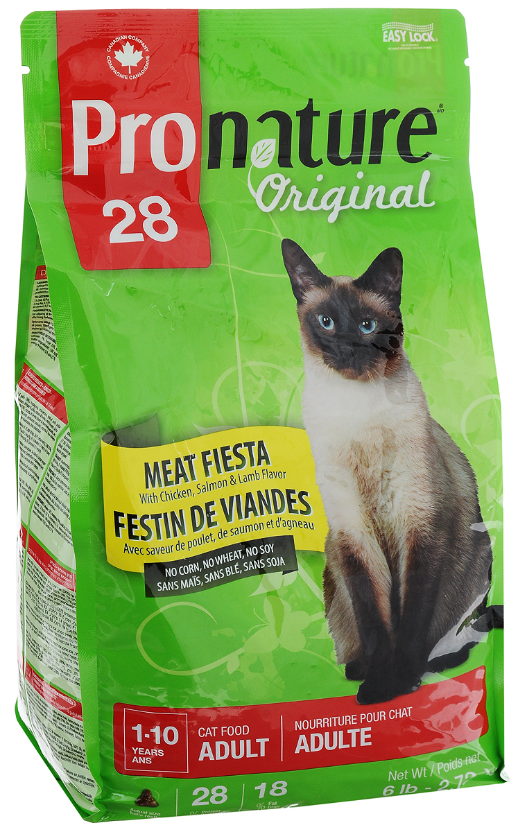 Корм сухой Pronature Original 28. Мясной праздник для взрослых кошек, с курицей и ягненком, 2,72 кг0120710 Корм сухой Pronature Original 28. Мясной праздник для взрослых кошек, с курицей и ягненком, 2,72 кг0120710Специально разработанный сбалансированный корм Pronature Original 28. Мясной праздник на основе куриного мяса и мяса ягненка оптимально поддерживает физическую форму и здоровье взрослых животных. Уникальная текстура и неповторимый вкус каждой гранулы обязательно доставит им удовольствие. Pronature Original 28. Мясной праздник предлагает вашему четвероногому другу вкусное разнообразное и сбалансированное меню. Тщательно разработанная на протяжении многих лет рецептура по праву завоевала сердца домашних любимцев, принося удовольствие с каждым кусочком!Корм подходит для кошек в возрасте от 1 года до 10 лет.Товар сертифицирован.