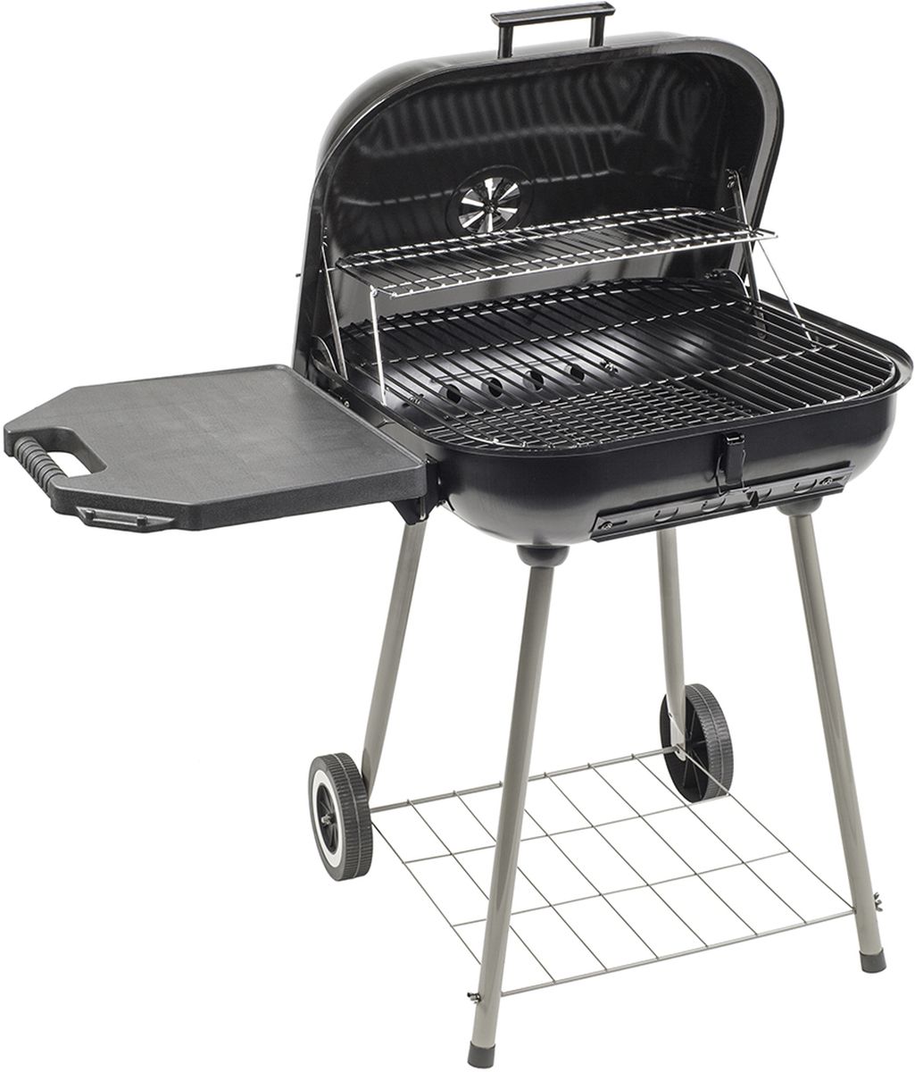 Угольный гриль Go Garden Weekend 54 Comfort, прямоугольный, 930 х 555 х 840 мм3B327 Угольный гриль Go Garden Weekend 54 Comfort, прямоугольный, 930 х 555 х 840 мм3B327Большой прямоугольный гриль-барбекю Go Garden Weekend 54 Comfort. Данный гриль-барбекю можно использовать круглый год: он неприхотлив, мобилен и удобен в использовании. Гриль-барбекю прямоугольной формы очень эффективен в приготовлении пищи - мясо, рыбу или овощи можно не просто жарить, но и тушить без опасности возникновения открытого огня, просто закрыв крышку.Откидывающаяся полка на данном гриле-барбекю, выполненная из термостойкого пластика (который прекрасно чистится после готовки), добавляет комфорта в приготовлении пищи. Дополнительная внутренняя металлическая полка помогает сортировать уже готовую пищу или разогревать ее в щадящем режиме.- Удобная форма и конструкция; - Крышка гриля-барбекю в открытом положении удобно открывается назад и фиксируется на петлях; - Закрыв крышку, можно немного притушить мясо, а также избежать опасности возникновения открытого огня; - Корпус и грилевая решетка покрыты жаропрочной фарфоровой эмалью; - Дополнительная складывающаяся хромированная решетка для разогрева готовой пищи; - Хромированная решетка для углей; - Ручка из термостойкого пластика; - Откидывающаяся полка на гриле, выполненная из термостойкого пластика; - Регулировка подачи воздуха на крышке и заслонка на самой жаровне, что позволяет оптимально подобрать температуру приготовления; - Нижняя полка(дровница) для аксессуаров или пакета с углем; - Колеса для транспортировки; - Инструкция по сборке и эксплуатации.