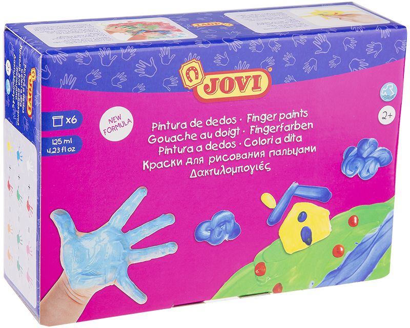 Jovi Краски пальчиковые 6 цветов 750 гFS-00261 Jovi Краски пальчиковые 6 цветов 750 гFS-00261Набор пальчиковых красок с баночками увеличенного объема по 125 мл. Первые краски малыша. Сертифицированы от 2-х лет. Пальчиковые краски очень густой желеобразной консистенции. Не вытекают из баночки, позволяют набирать небольшое количество краски и экономично ее использовать. Не требуется разводить водой. Большие баночки с широким горлом, удобно рисовать руками или с помощью специальных губок и валиков Jovi. Пальчиковые краски Jovi развивают цветовосприятие, воображение, фантазию, интеллект и творческие задатки ребенка. Также развивают мелкую моторику, которая в свою очередь помогает развитию речи и памяти малыша. Рисование пальчиковыми красками положительно сказывается на нервной системе ребенка, он легче учится правильно сидеть и ходить, освобождается от негативных эмоций. Даже если малыш сразу не начинает рисовать, а только исследует краску, ее желеобразную консистенцию, окунает в нее пальчики, стучит по поверхности, смотрит как она колышется, все это является этапами развития вашего ребенка и познания им окружающего мира. После этого первоначального этапа ознакомления можно приступать к процессу рисования, ставить точечки на бумаге, проводить линии, делать отпечатки ладошек, из которых в дальнейшем можно сделать множество забавных фигурок, немного дорисовав их. Краски гипоаллергенны, не содержат глютен.Состав на водной основе, содержит безопасные красители.