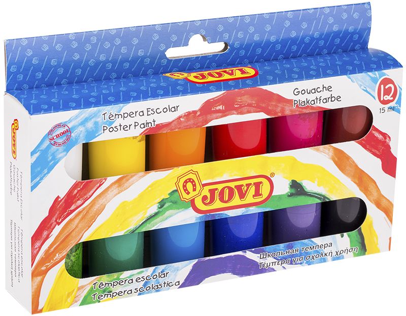 Jovi Гуашь 12 цветов 15 млFS-00261 Jovi Гуашь 12 цветов 15 млFS-00261Школьная гуашь Jovi с высокой покрывающей способностью, образует матовый, плотный, непрозрачный слой краски. Идеальна для работы по любой пористой поверхности, такой как плотная (не глянцевая) бумага, ватман, картон, дерево, для раскрашивания просохших фигурок из пасты для лепки, застывающей на воздухе, или из папье-маше. Гуашь - это практически универсальные краски, которые позволяют рисовать в различных техниках. Если сильно развести её водой, то получится почти акварельный рисунок. Если использовать сухую жесткую кисть, то будет эффект фактически масляной живописи. Гуашь имеет густую текстуру и экономичный расход.