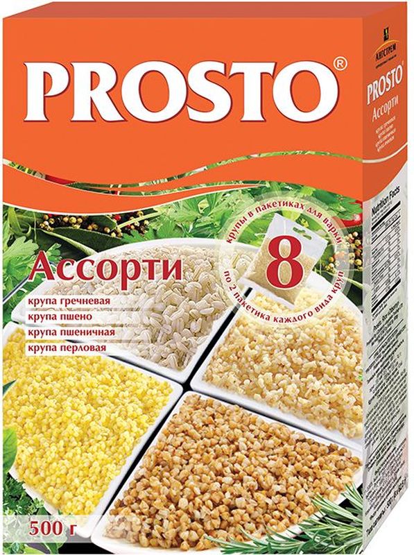 Prosto ассорти круп греча, пшено, пшеничная, перловка в пакетиках для варки, 8 шт по 62,5 г18337 Prosto ассорти круп греча, пшено, пшеничная, перловка в пакетиках для варки, 8 шт по 62,5 г18337Prosto - это крупы в варочных пакетах. Благодаря индивидуальной порционной фасовке продукт не пригорает и не прилипает к стенкам кастрюли. Ассорти круп Prosto - это 4 различных, самых популярных вида круп. В одной упаковке по 2 варочных пакетика каждого вида: гречневая крупа, пшено, пшеничная крупа и перловая крупа. Очень удобно!