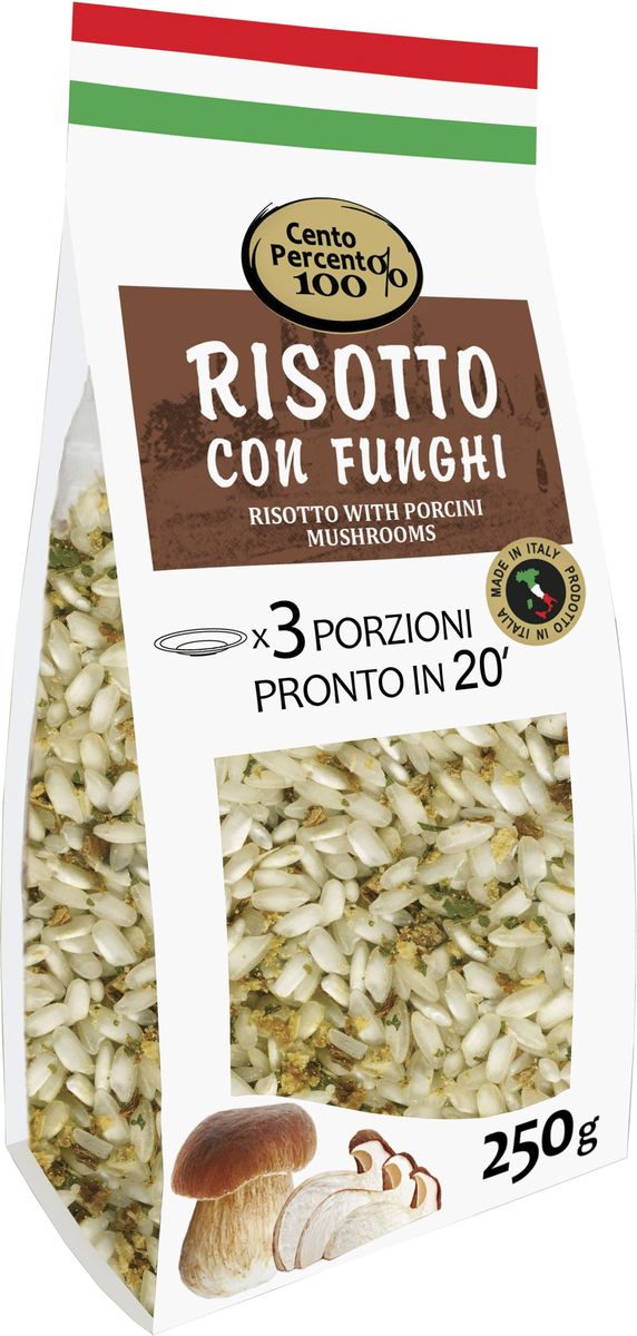 Cento Percento ризотто с белыми грибами, 250 г0120710 Cento Percento ризотто с белыми грибами, 250 г0120710Приготовить настоящее итальянское ризотто теперь легко! В этом вам поможет ризотто Cento Percento. Ризотто Cento Percento - это продукт, полностью произведенный в Италии. Ризотто с грибами - это среднезерный итальянский рис Карнароли, белые сушеные грибы Порчини крупной фракции, а также специи и приправы. 20 минут - и 3 порции настоящего итальянского ризотто готовы!