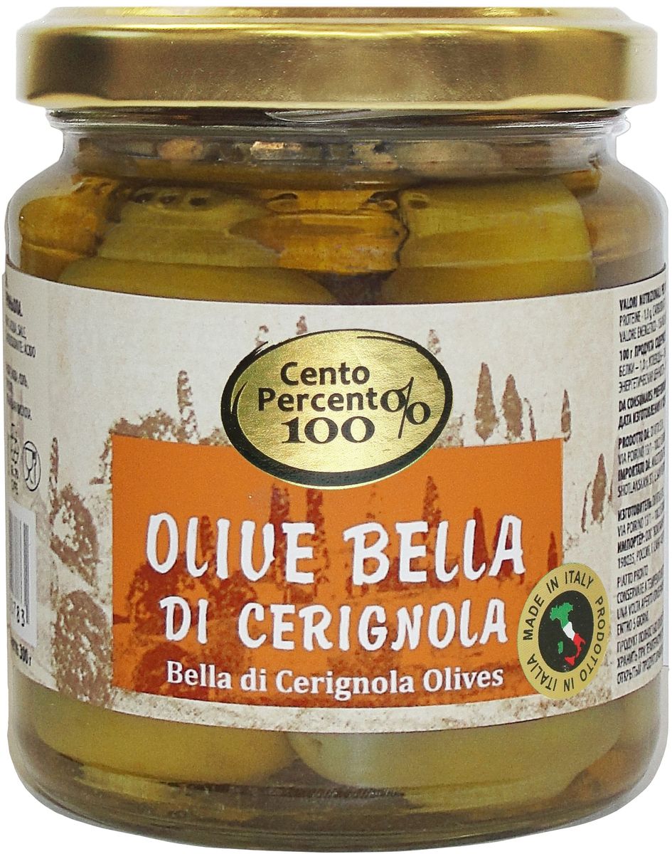 Cento Percento оливки Ла Белла ди Чериньола, 300 г0120710 Cento Percento оливки Ла Белла ди Чериньола, 300 г0120710Оливки Ла Белла ди Чериньола Cento Percento - это большие овальные оливки с косточкой родом с юга Италии. Их нежный вкус и плотная текстура хорошо сохраняются в маринаде с небольшим количеством уксуса. Продукт полностью произведен в Италии.