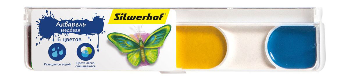 Silwerhof Акварель медовая Бабочки 6 цветов961124-06 Silwerhof Акварель медовая Бабочки 6 цветов961124-06Медовая акварель Silwerhof Бабочки идеально подходит для детского творчества и живописных работ на бумаге и картоне.Яркие и насыщенные цвета красок. Все цвета легко смешиваются между собой, образуя целый спектр новых оттенков. Краски легко разводятся водой, быстро высыхают.Состав: декстрин, глицерин дистиллированный, сахар, мел, пигменты, консервант, вода питьевая.
