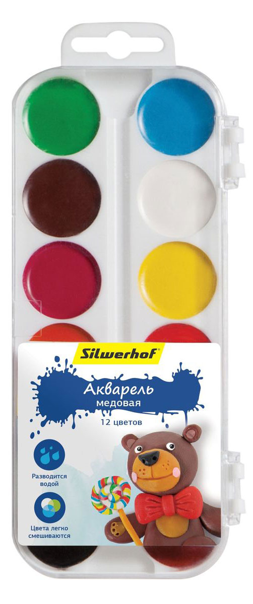 Silwerhof Акварель медовая Пластилиновая коллекция Мишка 12 цветов2010440 Silwerhof Акварель медовая Пластилиновая коллекция Мишка 12 цветов2010440Медовая акварель Silwerhof позволит вашему малышу проявить весь свой творческий потенциал.В наборе - двенадцать разноцветных красок. Они прекрасно подходят для детского творчества и декоративных работ по холсту, бумаге и картону. Краски мягко ложатся на бумагу, оставляя яркий и четкий цвет. Они непременно порадуют юного художника своим качеством и насыщенностью цвета, а красочная коробочка поднимет ребенку настроение!Состав: декстрин, глицерин дистиллированный, сахар, мел, пигменты, консервант, вода питьевая.