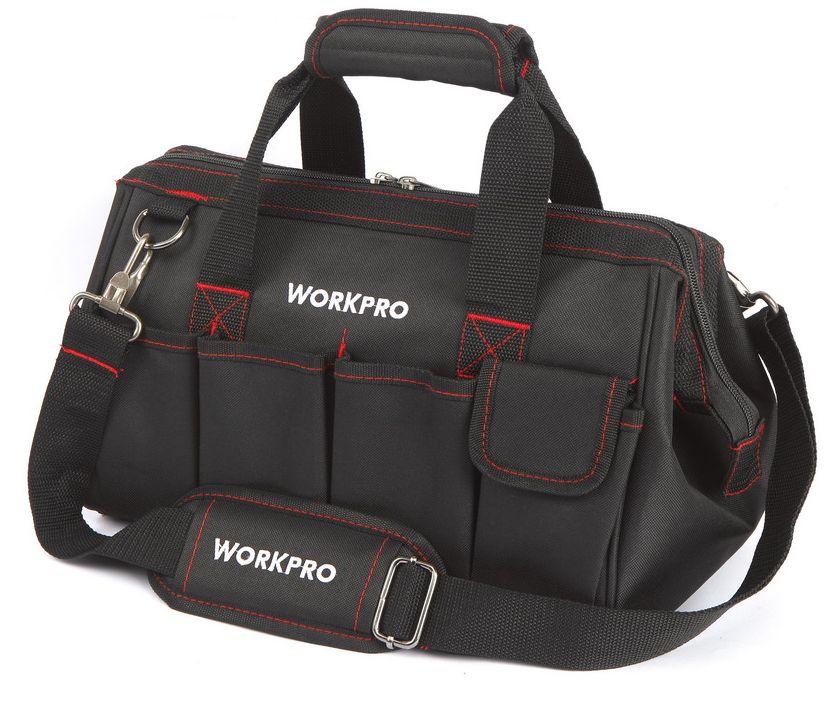 Сумка для инструментов WORKPRO, 13 карманов, 36 х 22 х 23 см. W08102180621 Сумка для инструментов WORKPRO, 13 карманов, 36 х 22 х 23 см. W08102180621Профессиональная сумка для инструментов WORKPRO разработана с учетом высоких требований к надежности, безопасности и удобства использования. Размеры сумки 360х220х230 мм. Вес - 800 гр.Материал сумки – износостойкий водоотталкивающий материал: укреплённая двойная материя полиэстер 500D + 500D.Конструкция сумки позволяет широко открывать ее по всей длине для удобства доступа. В лицевой части сумки вставлен металлический каркас, который позволяет сумке держать форму в раскрытом состоянии. Дно сумки укрепленено плотным материалом. Молния сумки имеет 2 замка.Сумка оснащена 7 наружними и 6 внутренними карманами.На днище сумки расположены 4 резиновые «ножки», которые защищают сумку от влаги и грязи.На ручках сумки предусмотрена мягкая накладка на «липучке» для комфортного ношения сумки в руках.Сумка укомплектована регулируемым ремнем с мягкой плечевой накладкой для ношения через плечо.Швы сумки надёжно прошиты прочными капроновыми нитями. Современная и практичная конструкция предназначена для длительного использования сумки в качестве хранения и транспортировки инструментов. Рекомендованная допустимая нагрузка 12 кг.Страна производства: Китай.