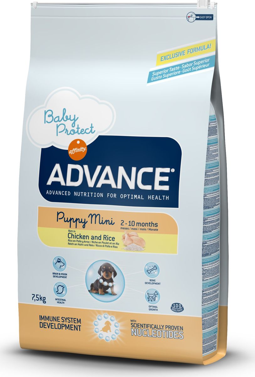 Корм сухой Advance Baby Protect Mini для щенков малых пород с 2 до 10 месяцев, 7,5 кг0120710 Корм сухой Advance Baby Protect Mini для щенков малых пород с 2 до 10 месяцев, 7,5 кг0120710Advance - высококачественный корм супер-премиум класса испанской компании Affinity Petcare, которая занимает лидирующие места на европейском и мировом рынках. Корм разработан с учетом всех особенностей развития и жизнедеятельности собак и кошек. В линейке кормов Advance любой хозяин может подобрать необходимое питание в соответствии с возрастом и уникальными особенностями своего животного, а также в случае назначения специалистами ветеринарной диеты. Affinity Petcare имеет собственную лабораторию, а также сотрудничает с множеством международных исследовательских центров, благодаря чему специалисты постоянно совершенствуют рецептуру и полезные свойства своих кормов. В составе главным источником белка является СВЕЖЕЕ мясо, благодаря которому корм обладает высокими вкусовыми качествами, а также высокой питательной ценностью. Advance Baby Protect Mini - высококачественный сбалансированный корм, специально разработанный для щенков (от 2 до 8 месяцев) мини-пород (вес взрослой собаки до 10 кг), а также для беременных и кормящих собак. Эксклюзивная формула, содержащая нуклеотиды, которая помогает повысить эффективность репликации клеток и обеспечивает оптимальное развитие тканей растущих щенков. Ускоренный эффект репликации клеток позволяет активизировать иммунную систему, усиливая защитный барьер организма против бактерий, вирусов и других патогенов. Корм с содержанием пребиотиков, пробиотиков и иммуноглобулинами для правильного развития и защиты желудочно-кишечного тракта.Состав: курица (20%), рис (17%), дегидрированное мясо курицы, мука из маиса, животный жир, маис, пшеница, гидролизованный белок животного происхождения, свекольный жом, рыбий жир, яичный порошок, дрожжи, плазменный протеин, хлористый калий, соль, трикальцийфосфат, нуклеотиды.Анализ: протеин 30%, жиры 21%, сырые волокна 2,5%, неорганическое вещество 7%, кальций 1,2%, фосфор 1%, влажность 8%.Энергетическая ценность 3973 ккал/кг. Товар сертифицирован.