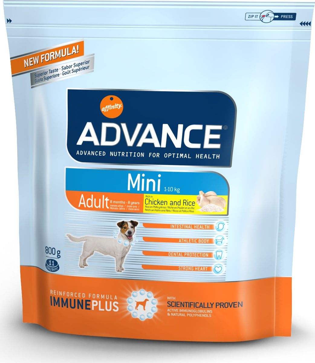 Корм сухой Advance Mini Adult для взрослых собак малых пород с 8 месяцев, 0,8 кг0120710 Корм сухой Advance Mini Adult для взрослых собак малых пород с 8 месяцев, 0,8 кг0120710Advance - высококачественный корм супер-премиум класса испанской компании Affinity Petcare, которая занимает лидирующие места на европейском и мировом рынках. Корм разработан с учетом всех особенностей развития и жизнедеятельности собак и кошек. В линейке кормов Advance любой хозяин может подобрать необходимое питание в соответствии с возрастом и уникальными особенностями своего животного, а также в случае назначения специалистами ветеринарной диеты. Affinity Petcare имеет собственную лабораторию, а также сотрудничает с множеством международных исследовательских центров, благодаря чему специалисты постоянно совершенствуют рецептуру и полезные свойства своих кормов. В составе главным источником белка является СВЕЖЕЕ мясо, благодаря которому корм обладает высокими вкусовыми качествами, а также высокой питательной ценностью. Состав: курица (20%), рис (15%), дегидрированное мясо курицы, пшеница, маисовый глютен, животный жир, маис, гидролизированный белок животного происхождения, свекольный жом, рыбий жир, яичный порошок, дрожжи, хлористый калий, плазменный протеин, пирофосфорнокислый натрий, карбонат кальция, соль, природные полифенолы. Анализ: протеин 28%, жиры 19%, сырые волокна 2%, неорганическое вещество 6,5%, кальций 1,3%, фосфор 1%, влажность 9%.Энергетическая ценность 3890 ккал/кг.