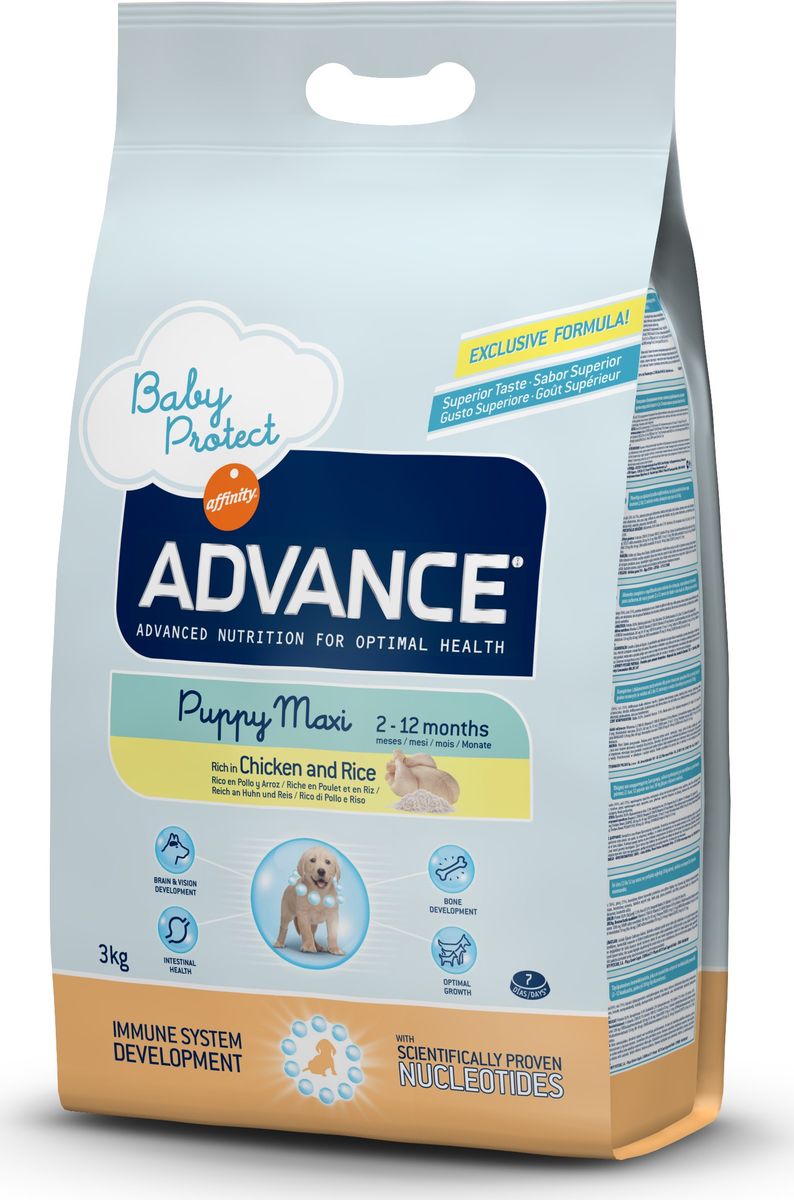 Корму сухой Advance для щенков крупных пород от 2 до 12 месяцев Baby Protect Maxi, 3 кг. 5133190120710 Корму сухой Advance для щенков крупных пород от 2 до 12 месяцев Baby Protect Maxi, 3 кг. 5133190120710Advance – высококачественный корм супер-премиум класса Испанской компании Affinity Petcare, которая занимает лидирующие места на Европейском и мировом рынках. Корм разработан с учетом всех особенностей развития и жизнедеятельности собак и кошек. В линейке кормов Advance любой хозяин может подобрать необходимое питание в соответствии с возрастом и уникальными особенностями своего животного, а также в случае назначения специалистами ветеринарной диеты. Курица (16%), рис (15%), дегидрированное мясо курицы, мука из маиса,пшеница, маис, животный жир, гидролизированный белок животного происхождения, свекольный жом, дрожжи,яичный порошок, гидролизированное масло подсолнечника, рыбий жир, плазменный протеинs,овсяныe волокна, хлористый калий, соль, трикальцийфосфат, нуклеотиды, глюкозамин, хондроитинсульфат.Affinity Petcare имеет собственную лабораторию, а также сотрудничает со множеством международных исследовательских центров, благодаря чему специалисты постоянно совершенствуют рецептуру и полезные свойства своих кормов.В составе главным источником белка является СВЕЖЕЕ мясо, благодаря которому корм обладает высокими вкусовыми качествами, а также высокой питательной ценностью.