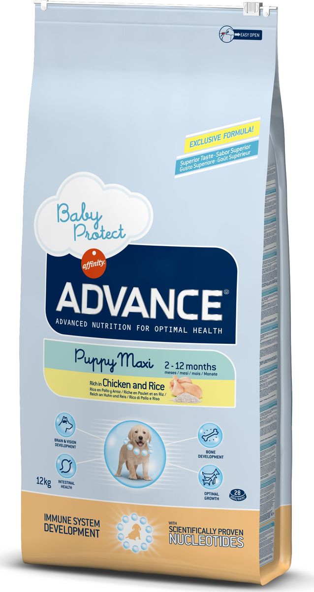 Корм сухой Advance Baby Protect Maxi для щенков крупных пород, от 2 до 12 месяцев, 12 кг0120710 Корм сухой Advance Baby Protect Maxi для щенков крупных пород, от 2 до 12 месяцев, 12 кг0120710Advance - высококачественный корм супер-премиум класса испанской компании Affinity Petcare, которая занимает лидирующие места на европейском и мировом рынках. Корм разработан с учетом всех особенностей развития и жизнедеятельности собак и кошек. В линейке кормов Advance любой хозяин может подобрать необходимое питание в соответствии с возрастом и уникальными особенностями своего животного, а также в случае назначения специалистами ветеринарной диеты. Affinity Petcare имеет собственную лабораторию, а также сотрудничает с множеством международных исследовательских центров, благодаря чему специалисты постоянно совершенствуют рецептуру и полезные свойства своих кормов. В составе главным источником белка является СВЕЖЕЕ мясо, благодаря которому корм обладает высокими вкусовыми качествами, а также высокой питательной ценностью. Корм сухой Advance Baby Protect Maxi содержит эксклюзивную формулу, содержащую нуклеотиды, которая помогает повысить эффективность репликации клеток и обеспечивает оптимальное развитие тканей растущих щенков. Ускоренный эффект репликации клеток позволяет активизировать иммунную систему, усиливая защитный барьер организма против бактерий, вирусов и других патогенов. Корм с содержанием пребиотиков, пробиотиков и иммуноглобулинов для правильного развития и защиты желудочно-кишечного тракта.Состав: курица (16%), рис (15%), дегидрированное мясо курицы, мука из маиса, пшеница, маис, животный жир, гидролизованный белок животного происхождения, свекольный жом, дрожжи, яичный порошок, гидролизованное масло подсолнечника, рыбий жир, плазменный протеин, овсяные волокна, хлористый калий, соль, трикальцийфосфат, нуклеотиды, глюкозамин, хондроитинсульфат.Анализ: протеин 30%, жиры 17%, сырые волокна 3%, неорганическое вещество 6,5%, кальций 1,1%, фосфор 0,9%, влажность 9%.Энергетическая ценность 3755 ккал/кг. Товар сертифицирован.