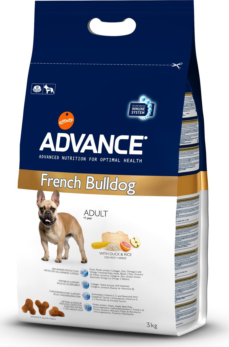 Корм сухой Advance French Bulldog для французских бульдогов, 3 кг0120710 Корм сухой Advance French Bulldog для французских бульдогов, 3 кг0120710Advance - высококачественный корм супер-премиум класса испанской компании Affinity Petcare, которая занимает лидирующие места на европейском и мировом рынках. Корм разработан с учетом всех особенностей развития и жизнедеятельности собак и кошек. В линейке кормов Advance любой хозяин может подобрать необходимое питание в соответствии с возрастом и уникальными особенностями своего животного, а также в случае назначения специалистами ветеринарной диеты. Affinity Petcare имеет собственную лабораторию, а также сотрудничает с множеством международных исследовательских центров, благодаря чему специалисты постоянно совершенствуют рецептуру и полезные свойства своих кормов. В составе главным источником белка является СВЕЖЕЕ мясо, благодаря которому корм обладает высокими вкусовыми качествами, а также высокой питательной ценностью. Advance French Bulldog - высококачественный сбалансированный полнорационный корм специально разработан для обеспечения пищевых потребностей собак породы Французский бульдог с первого года жизни. Содержит специальные функциональные ингредиенты с оптимальным уровнем калорийности, которые нормализуют пищеварение, уменьшая неприятный запах. Помогает поддерживать защитные функции кожного барьера и способствует гармоничному развитию суставов. Стимулирует функционирование кардиоваскулярной системы. Специальная структура гранул адаптирована для собак породы Французский бульдог.Состав: маис (21%), утка(18%), рис (15%), мука из маиса, дегидрированный белок утки, ячмень, гидролизованный белок животного происхождения, картофельный протеин, животный жир, гидролизованный коллаген, рыбий жир, дрожжи, свекольный жом, карбонат кальция, растительные волокна, хлористый калий, плазменный протеин, соевое масло, пирофосфорнокислый натрий, соль, дегидрированное яблоко (0.1%), дегидрированный грейпфрут (0.02%).Анализ: протеин 24%, жиры 17,5%, сырые волокна 2%, неорганическое вещество 6%, кальций 1,2%, фосфор 0,9%, влажность 9%.Энергетическая ценность 3865 ккал/кг. Товар сертифицирован.