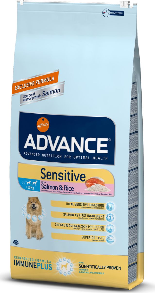 Корму сухой Advance для собак с чувствительным пищеварением: лосось и рис Sensitive, 12 кг. 5005510120710 Корму сухой Advance для собак с чувствительным пищеварением: лосось и рис Sensitive, 12 кг. 5005510120710Advance – высококачественный корм супер-премиум класса Испанской компании Affinity Petcare, которая занимает лидирующие места на Европейском и мировом рынках. Корм разработан с учетом всех особенностей развития и жизнедеятельности собак и кошек. В линейке кормов Advance любой хозяин может подобрать необходимое питание в соответствии с возрастом и уникальными особенностями своего животного, а также в случае назначения специалистами ветеринарной диеты. Лосось (18%), маис, мука из маиса, рис (14%), дегидрированный белок лосося, животный жир, гидролизированный протеин, дрожжи, свекольный жом, кормовая мука из рапсового жмыха, растительные волокна, хлористый калий, карбонат кальция фруктоолигосахариды, пирофосфорнокислый натрий, соль, природные полифенолы.Affinity Petcare имеет собственную лабораторию, а также сотрудничает со множеством международных исследовательских центров, благодаря чему специалисты постоянно совершенствуют рецептуру и полезные свойства своих кормов.В составе главным источником белка является СВЕЖЕЕ мясо, благодаря которому корм обладает высокими вкусовыми качествами, а также высокой питательной ценностью.
