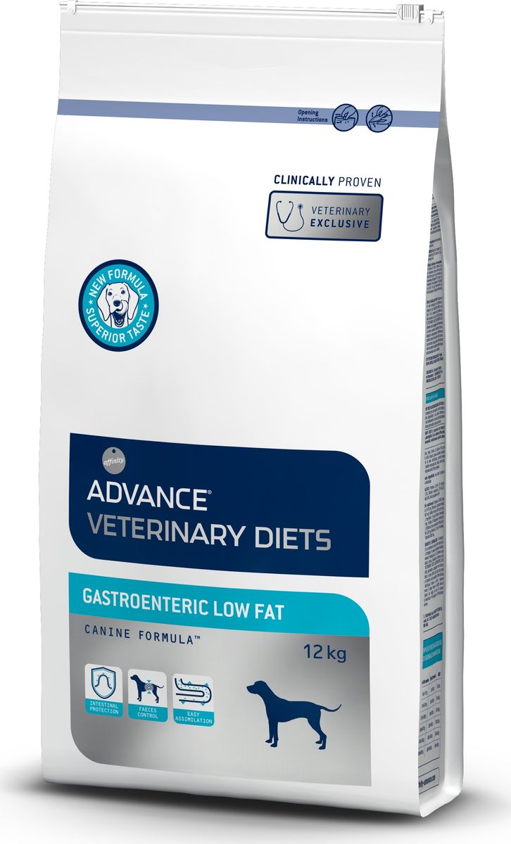 Корм сухой Advance Gastro Enteric для собак при патологии ЖКТ и ожирении, 12 кг0120710 Корм сухой Advance Gastro Enteric для собак при патологии ЖКТ и ожирении, 12 кг0120710Advance - высококачественный корм супер-премиум класса испанской компании Affinity Petcare, которая занимает лидирующие места на европейском и мировом рынках. Корм разработан с учетом всех особенностей развития и жизнедеятельности собак и кошек. В линейке кормов Advance любой хозяин может подобрать необходимое питание в соответствии с возрастом и уникальными особенностями своего животного, а также в случае назначения специалистами ветеринарной диеты. Affinity Petcare имеет собственную лабораторию, а также сотрудничает с множеством международных исследовательских центров, благодаря чему специалисты постоянно совершенствуют рецептуру и полезные свойства своих кормов. В составе главным источником белка является СВЕЖЕЕ мясо, благодаря которому корм обладает высокими вкусовыми качествами, а также высокой питательной ценностью. Корм сухой Advance Gastro Enteric нормализует иммунную систему ЖКТ и помогает сохранить целостность слизистой оболочки. Способствует улучшению работы ЖКТ, переваривания пищи и усиливает способность организма к поглощению питательных веществ. Состав: рис, маис, глютен из маиса, дегидрированный белок курицы, кокосовое масло, животные жиры, гидролизованные белки животного происхождения, гидролизованный соевый белок, плазменный протеин, карбонат кальция, монокальций фосфат, дрожжи, хлорид калия, рыбий жир, фруктоолигосахариды, растительные волокна, сепиолит.Легко перевариваемые ингредиенты: приготовленный под давлением рис, кокосовое масло, гидролизированный соевый белок. Анализ: протеин 25,5%, жиры 12,8%, сырые волокна 1,3%, неорганическое вещество 7%, кальций 1,3%, фосфор 0,8%, натрий 0,4%, калий 0,7%, магний 0,07%, хлориды 0,7%, влажность 9%.Энергетическая ценность 3785 ккал/кг. Товар сертифицирован.