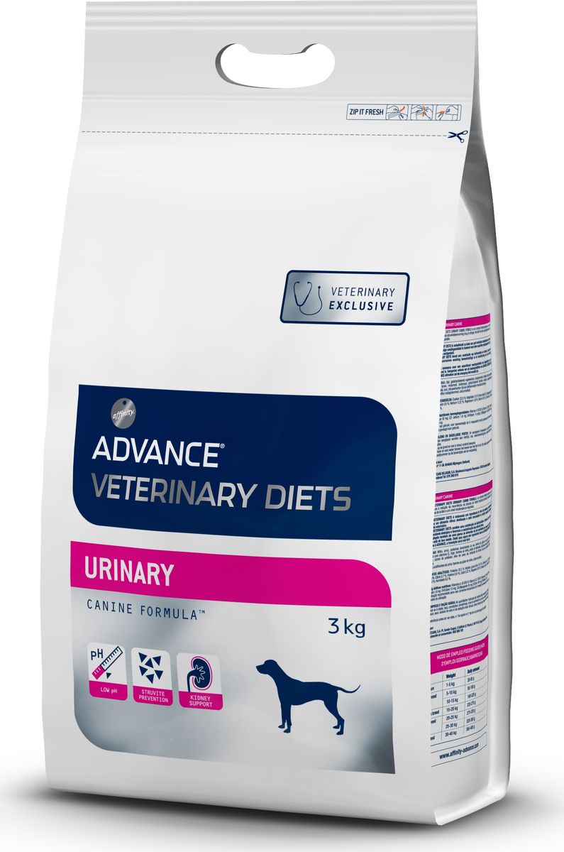 Корм сухой Advance Urinary Canine для собак при мочекаменной болезни, 3 кг0120710 Корм сухой Advance Urinary Canine для собак при мочекаменной болезни, 3 кг0120710Advance - высококачественный корм супер-премиум класса испанской компании Affinity Petcare, которая занимает лидирующие места на европейском и мировом рынках. Корм разработан с учетом всех особенностей развития и жизнедеятельности собак и кошек. В линейке кормов Advance любой хозяин может подобрать необходимое питание в соответствии с возрастом и уникальными особенностями своего животного, а также в случае назначения специалистами ветеринарной диеты. Affinity Petcare имеет собственную лабораторию, а также сотрудничает с множеством международных исследовательских центров, благодаря чему специалисты постоянно совершенствуют рецептуру и полезные свойства своих кормов. В составе главным источником белка является СВЕЖЕЕ мясо, благодаря которому корм обладает высокими вкусовыми качествами, а также высокой питательной ценностью. Состав: маис, рис, дегидрированный белок курицы, маисовый глютен, животные жиры, пшеница, кукурузная мука, свекольный жом, гидролизованные белки животного происхождения, яичный порошок, хлорид калия, рыбий жир, соль, монокальций фосфат. Окислители мочевины: маисовый глютен, сульфат кальция. Товар сертифицирован.