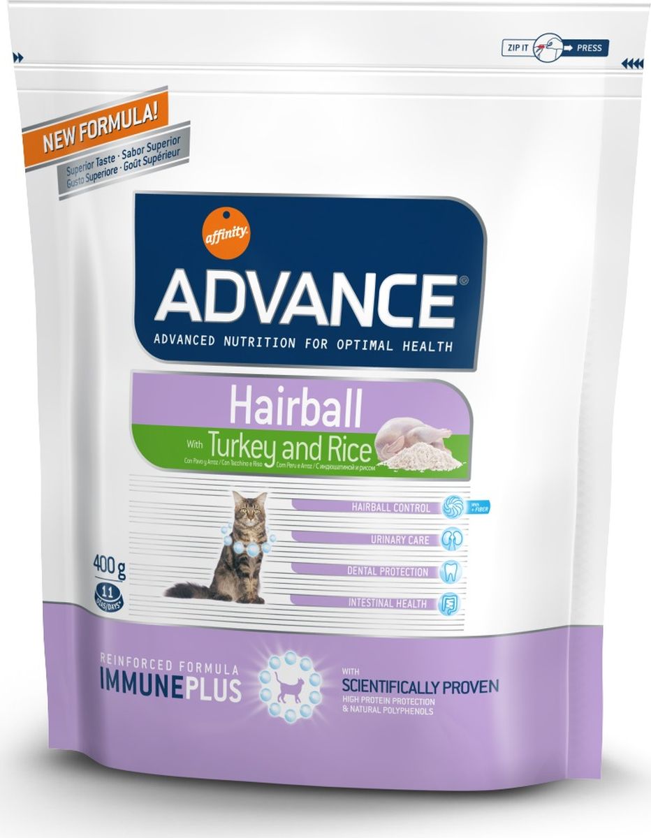 Корм сухой Advance Hairball для кошек, для вывода шерсти из желудка, с индейкой и рисом, 0,4 кг0120710 Корм сухой Advance Hairball для кошек, для вывода шерсти из желудка, с индейкой и рисом, 0,4 кг0120710Advance - высококачественный корм супер-премиум класса испанской компании Affinity Petcare, которая занимает лидирующие места на европейском и мировом рынках. Корм разработан с учетом всех особенностей развития и жизнедеятельности собак и кошек. В линейке кормов Advance любой хозяин может подобрать необходимое питание в соответствии с возрастом и уникальными особенностями своего животного, а также в случае назначения специалистами ветеринарной диеты. Affinity Petcare имеет собственную лабораторию, а также сотрудничает с множеством международных исследовательских центров, благодаря чему специалисты постоянно совершенствуют рецептуру и полезные свойства своих кормов. В составе главным источником белка является СВЕЖЕЕ мясо, благодаря которому корм обладает высокими вкусовыми качествами, а также высокой питательной ценностью. Состав: индейка (20%), дегидрированное мясо курицы, мука из маиса, пшеница, рис (8%), маис, растительные волокна, животный жир, гидролизированный белок животного происхождения, дегидрированный белок тунца, яичный порошок, овсяные волокна, экстракт солода, пшеничный глютен, рыбий жир, хлористый калий, плазменный протеин, соль, природные полифенолы. Анализ: протеин 36%, жиры 14%, сырые волокна 4,5%, неорганическое вещество 6%, кальций 1,3%, фосфор 1%, натрий 0,3%, влажность 8%.Энергетическая ценность 3920 ккал/кг.