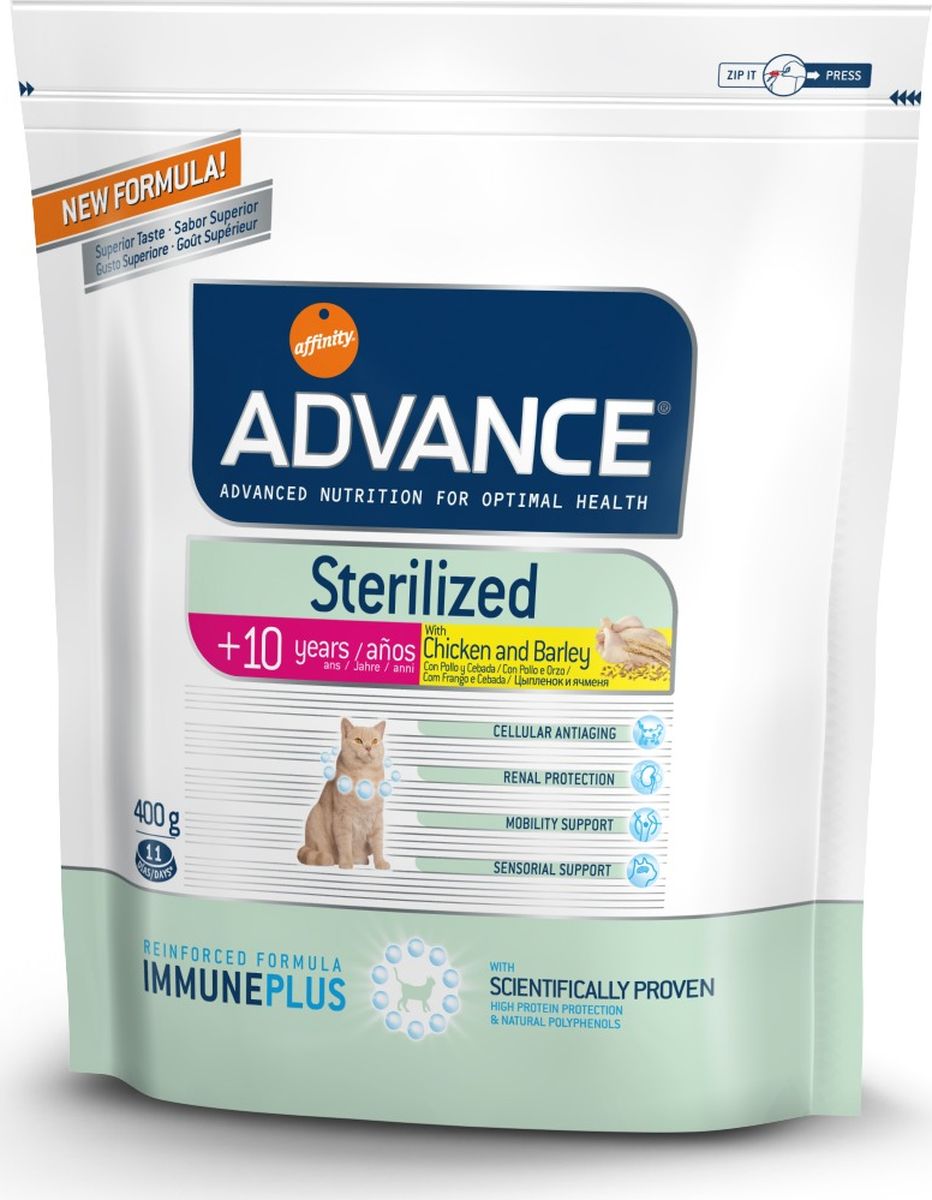 Корм сухой Advance Sterilized, для стерилизованных кошек старше 10 лет, ячмень и цыпленок, 400 г0120710 Корм сухой Advance Sterilized, для стерилизованных кошек старше 10 лет, ячмень и цыпленок, 400 г0120710Сухой корм Advance Sterilized является полнорационным сбалансированным кормом для стерилизованных кошек старше 10 лет. Особенности корма Advance Sterilized:- предотвращает ожирение без потери мышечной массы,- уменьшает риск появление мочекаменной болезни или камней,- улучшение гормональных функций.Сухой корм Advance Sterilized - это высококачественная продукция, основанная на последних разработках в области диетологии и питания, чтобы поддерживать вашего любимца в отличном состоянии. Это полностью сбалансированный корм, который обеспечивает прекрасное самочувствие животного, как внутри, так и снаружи.Состав: Курица (18%), кукуруза, кукурузная клейковина, дегидрированные белки домашней птицы, ячмень (8%), животный жир, пшеница, пшеничный клейковина, дегидрированный белок свинины, гидролизированные животные белки, дегидрированный белок лосося, растительная клетчатка, яичный порошок, рыбий жир, дрожжи, инулин, хлористый калий, белки плазмы, соль, глюкозамин, сульфат хондроитина, природные полифенолы.Товар сертифицирован.