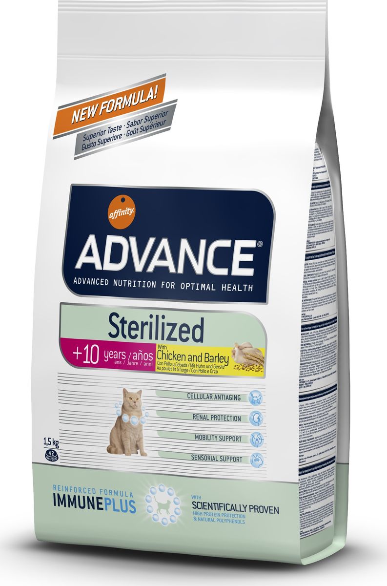 Корму сухой Advance для стерилизованных кошек старше 7 лет Sterilized 7 Years Senior, 1,5 кг. 5006790120710 Корму сухой Advance для стерилизованных кошек старше 7 лет Sterilized 7 Years Senior, 1,5 кг. 5006790120710Advance – высококачественный корм супер-премиум класса Испанской компании Affinity Petcare, которая занимает лидирующие места на Европейском и мировом рынках. Корм разработан с учетом всех особенностей развития и жизнедеятельности собак и кошек. В линейке кормов Advance любой хозяин может подобрать необходимое питание в соответствии с возрастом и уникальными особенностями своего животного, а также в случае назначения специалистами ветеринарной диеты. Курица (18%), маис, мука из маиса, дегидрированное мясо курицы,ячмень (8%), животный жир, пшеница, пшеничный глютен,дегидрированный белок свинины, гидролизированный белок животного происхождения,дегидрированный белок лосося, растительные волокна,яичный порошок, рыбий жир, дрожжи, инулин, хлористый калий, плазменный протеин, соль, глюкозамин, хондроитинсульфат, природные полифенолы.Affinity Petcare имеет собственную лабораторию, а также сотрудничает со множеством международных исследовательских центров, благодаря чему специалисты постоянно совершенствуют рецептуру и полезные свойства своих кормов.В составе главным источником белка является СВЕЖЕЕ мясо, благодаря которому корм обладает высокими вкусовыми качествами, а также высокой питательной ценностью.