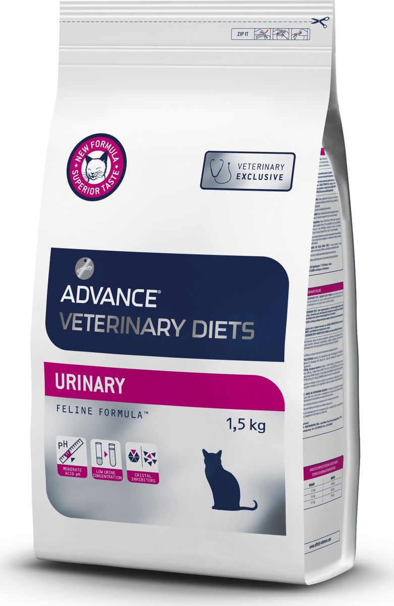 Корму сухой Advance для кошек при мочекаменной болезни Urinary, 1,5 кг. 5962110120710 Корму сухой Advance для кошек при мочекаменной болезни Urinary, 1,5 кг. 5962110120710Advance – высококачественный корм супер-премиум класса Испанской компании Affinity Petcare, которая занимает лидирующие места на Европейском и мировом рынках. Корм разработан с учетом всех особенностей развития и жизнедеятельности собак и кошек. В линейке кормов Advance любой хозяин может подобрать необходимое питание в соответствии с возрастом и уникальными особенностями своего животного, а также в случае назначения специалистами ветеринарной диеты. Курица, маисовый глютен, дегидрированный белок свинины, рис, пшеница, дегидрированный белок курицы, мука из маиса, маис, гидролизированные белки животного происхождения, животные жиры, яичный порошок, соль, хлорид калия,рыбий жир,глюкозамин, хондроитин сульфат.Окислители мочевины: маисовый глютен, фосфорная кислота и DL-метионин.Affinity Petcare имеет собственную лабораторию, а также сотрудничает со множеством международных исследовательских центров, благодаря чему специалисты постоянно совершенствуют рецептуру и полезные свойства своих кормов.В составе главным источником белка является СВЕЖЕЕ мясо, благодаря которому корм обладает высокими вкусовыми качествами, а также высокой питательной ценностью.