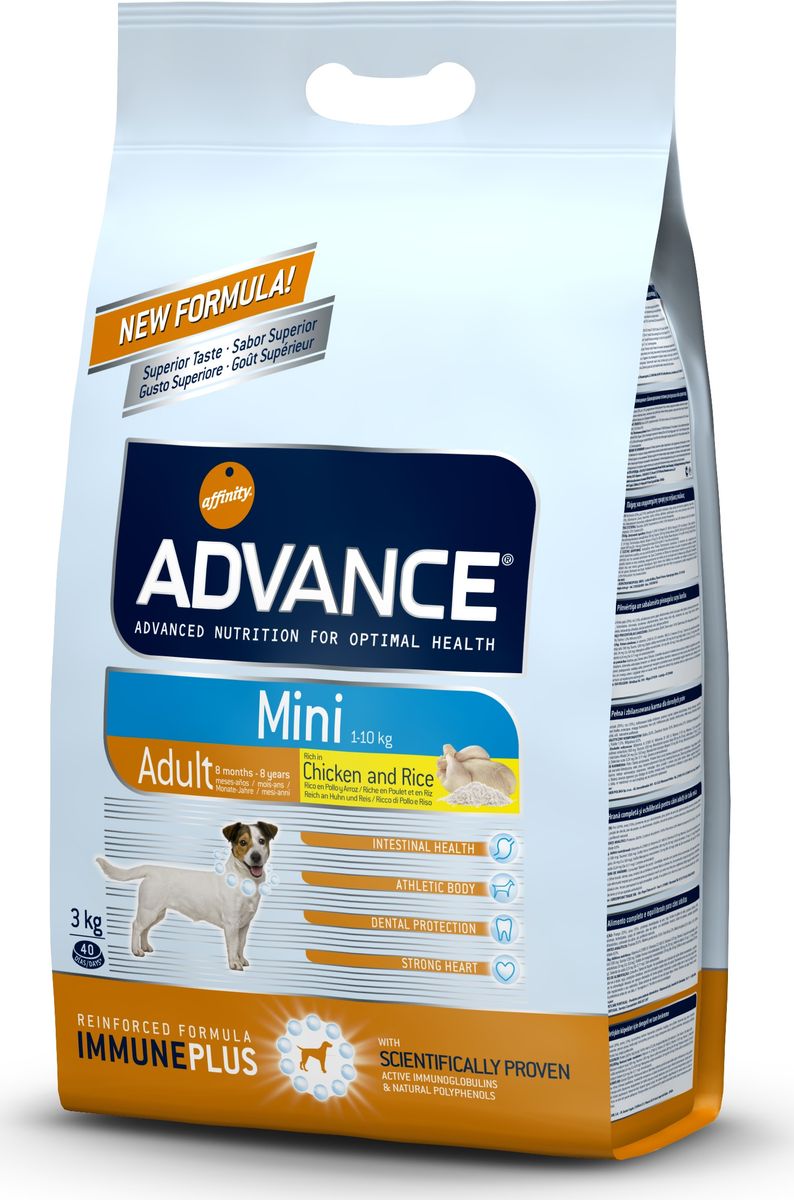 Корму сухой Advance для взрослых собак малых пород с 8 месяцев Mini Adult, 3 кг. 5023190120710 Корму сухой Advance для взрослых собак малых пород с 8 месяцев Mini Adult, 3 кг. 5023190120710Advance – высококачественный корм супер-премиум класса Испанской компании Affinity Petcare, которая занимает лидирующие места на Европейском и мировом рынках. Корм разработан с учетом всех особенностей развития и жизнедеятельности собак и кошек. В линейке кормов Advance любой хозяин может подобрать необходимое питание в соответствии с возрастом и уникальными особенностями своего животного, а также в случае назначения специалистами ветеринарной диеты. Курица (20%), рис (15%), дегидрированное мясо курицы, пшеница, маисовый глютен, животный жир, маис, гидролизированный белок животного происхождения, свекольный жом, рыбий жир,яичный порошок, дрожжи, хлористый калий, плазменный протеин, пирофосфорнокислый натрий,карбонат кальция, соль, природные полифенолы. Affinity Petcare имеет собственную лабораторию, а также сотрудничает со множеством международных исследовательских центров, благодаря чему специалисты постоянно совершенствуют рецептуру и полезные свойства своих кормов.В составе главным источником белка является СВЕЖЕЕ мясо, благодаря которому корм обладает высокими вкусовыми качествами, а также высокой питательной ценностью.