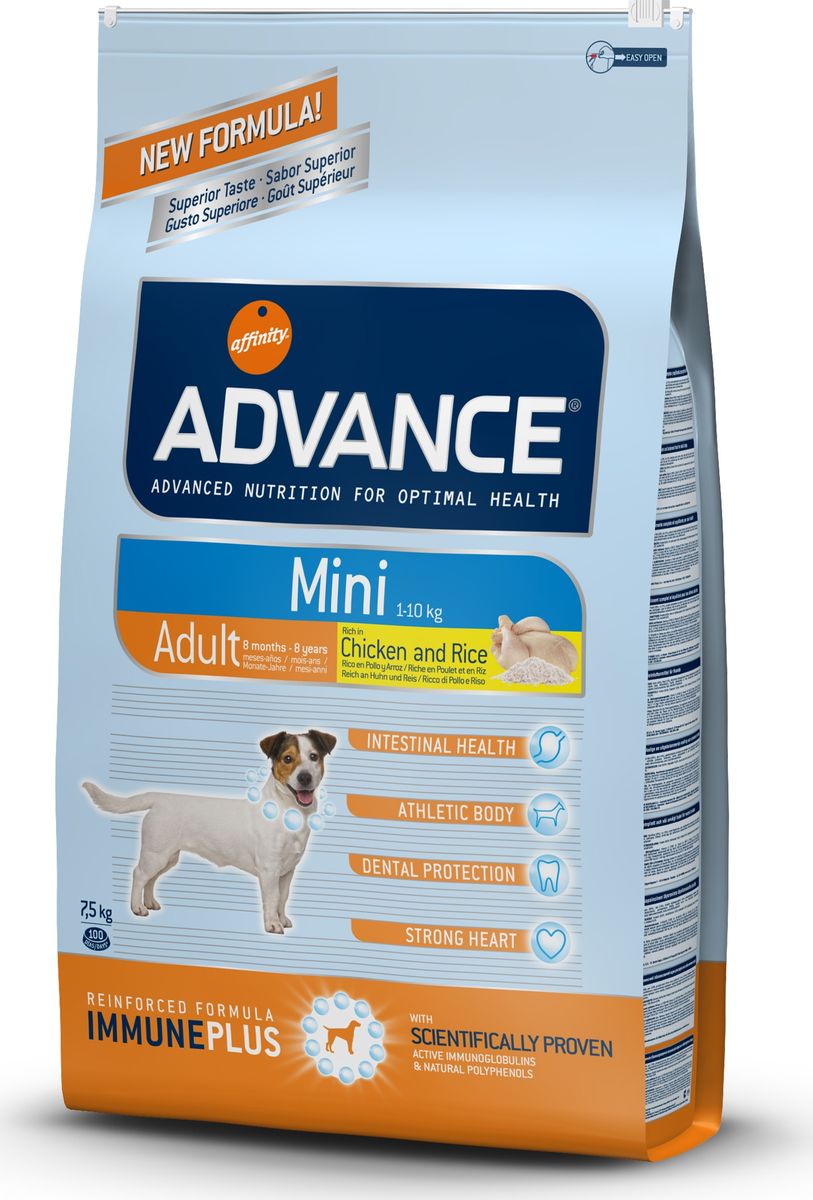 Корму сухой Advance для взрослых собак малых пород с 8 месяцев Mini Adult, 7,5 кг. 5454110120710 Корму сухой Advance для взрослых собак малых пород с 8 месяцев Mini Adult, 7,5 кг. 5454110120710Advance – высококачественный корм супер-премиум класса Испанской компании Affinity Petcare, которая занимает лидирующие места на Европейском и мировом рынках. Корм разработан с учетом всех особенностей развития и жизнедеятельности собак и кошек. В линейке кормов Advance любой хозяин может подобрать необходимое питание в соответствии с возрастом и уникальными особенностями своего животного, а также в случае назначения специалистами ветеринарной диеты. Курица (20%), рис (15%), дегидрированное мясо курицы, пшеница, маисовый глютен, животный жир, маис, гидролизированный белок животного происхождения, свекольный жом, рыбий жир,яичный порошок, дрожжи, хлористый калий, плазменный протеин, пирофосфорнокислый натрий,карбонат кальция, соль, природные полифенолы. Affinity Petcare имеет собственную лабораторию, а также сотрудничает со множеством международных исследовательских центров, благодаря чему специалисты постоянно совершенствуют рецептуру и полезные свойства своих кормов.В составе главным источником белка является СВЕЖЕЕ мясо, благодаря которому корм обладает высокими вкусовыми качествами, а также высокой питательной ценностью.