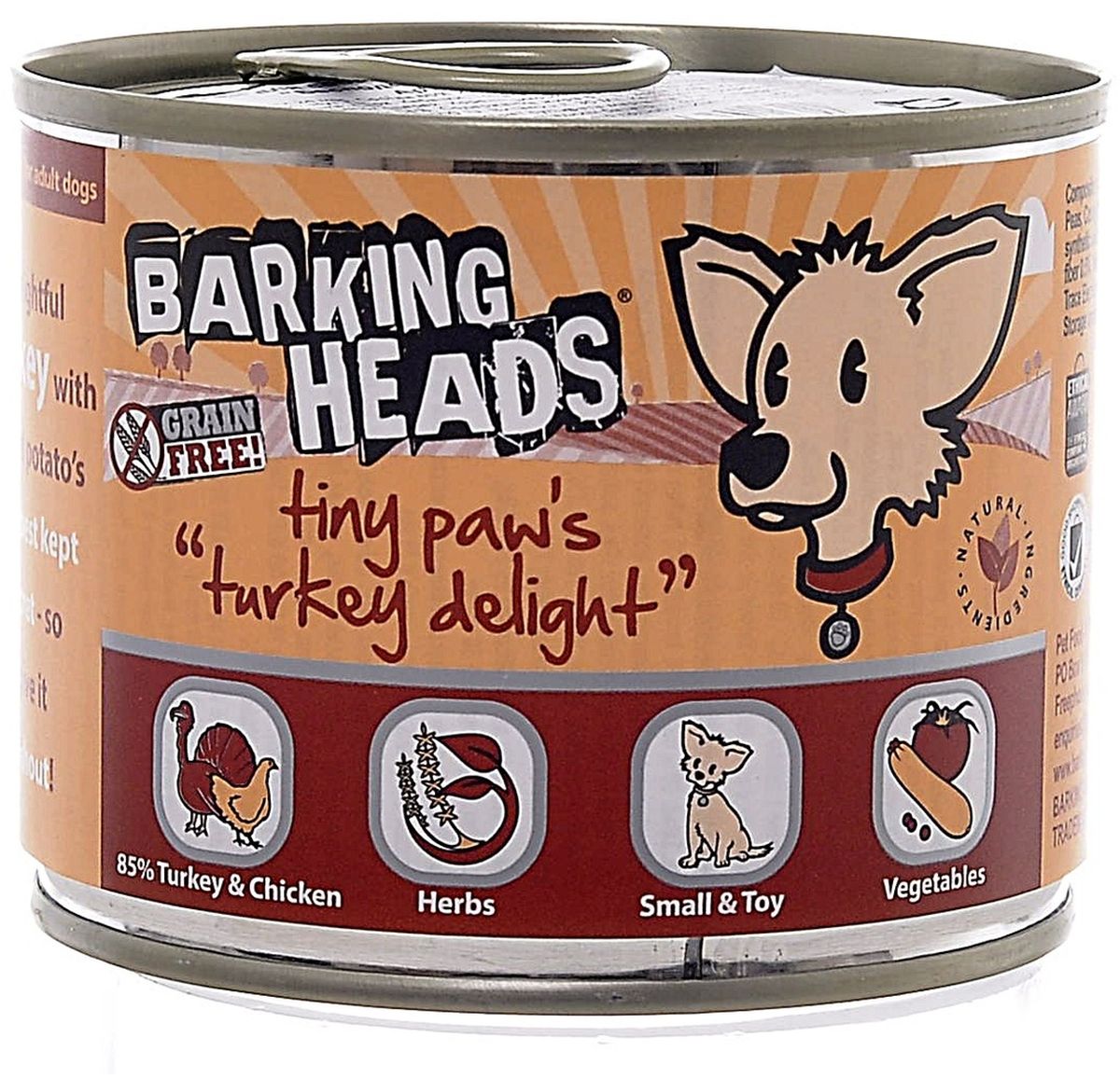 Консервы Barking Heads Бесподобная индейка для собак мелких пород, с индейкой, 200 г0120710 Консервы Barking Heads Бесподобная индейка для собак мелких пород, с индейкой, 200 г0120710Консервы Barking Heads Бесподобная индейка - это обед аристократа: вкус настоящего британского лакомства - индейки на пару - покажется вашему питомцу поистине замечательным! Пусть питомец почувствует всю вашу любовь! Приготовленное на пару свежайшее мясо индейки не теряет своих полезных свойств и натуральной вкусовой привлекательности для собак. Отличный вкус, нежный аромат натурального корма и заботливый хозяин рядом - что еще нужно счастливому питомцу! Консервы можно использовать в качестве полнорационного корма.Состав: 85% индейки и курицы (30% индейки, 30% курицы, 25% бульона из индейки), нут, горох, кабачки, томаты, растительное масло, ламинария, люцерна, сушеная петрушка, сельдерей, корень цикория, куркума, крапива, анисовое семя.Гарантированный анализ: белок 10,8%, содержание жира 6,7%, зола 2,4%, клетчатка 0,5%, влага 75%.Витамины: витамин D3 2000 IU, витамин Е 30 МЕ. Комплекс микроэлементов: моногидрат сульфата цинка 15 мг, моногидрат сульфата марганца 3 мг, безводный йодат кальция 0,75 мг.Товар сертифицирован.