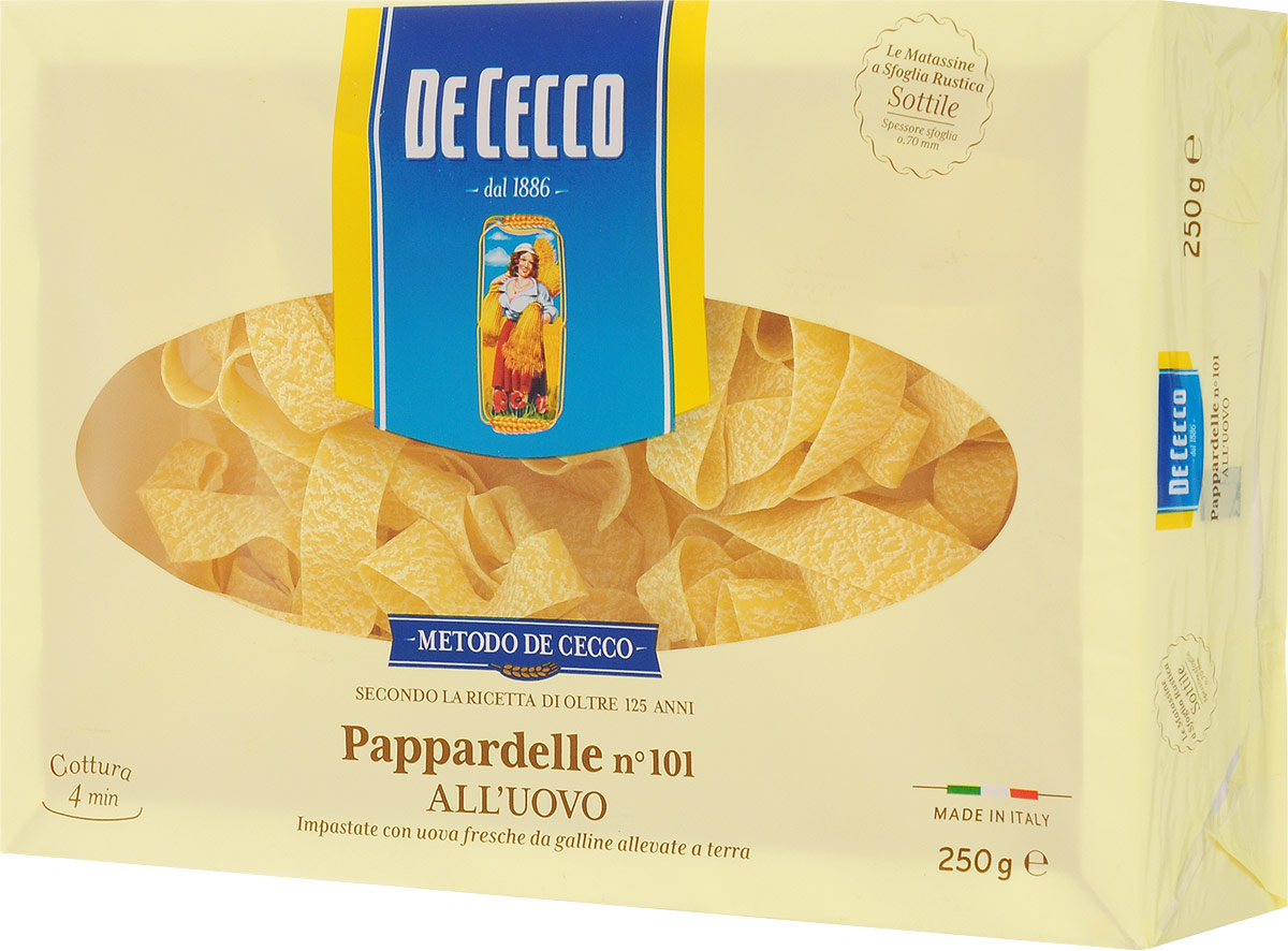 De Cecco паста паппарделле с добавлением яйца №101, 250 г0120710 De Cecco паста паппарделле с добавлением яйца №101, 250 г0120710Паста паппарделле с добавлением яйца №101 De Cecco - классическая широкая яичная паста, родом из Тосканы. На итальянском pappare - жадно есть, пожирать.Подается с густыми сливочными или мясными соусами, чаще - в запеченных блюдах.