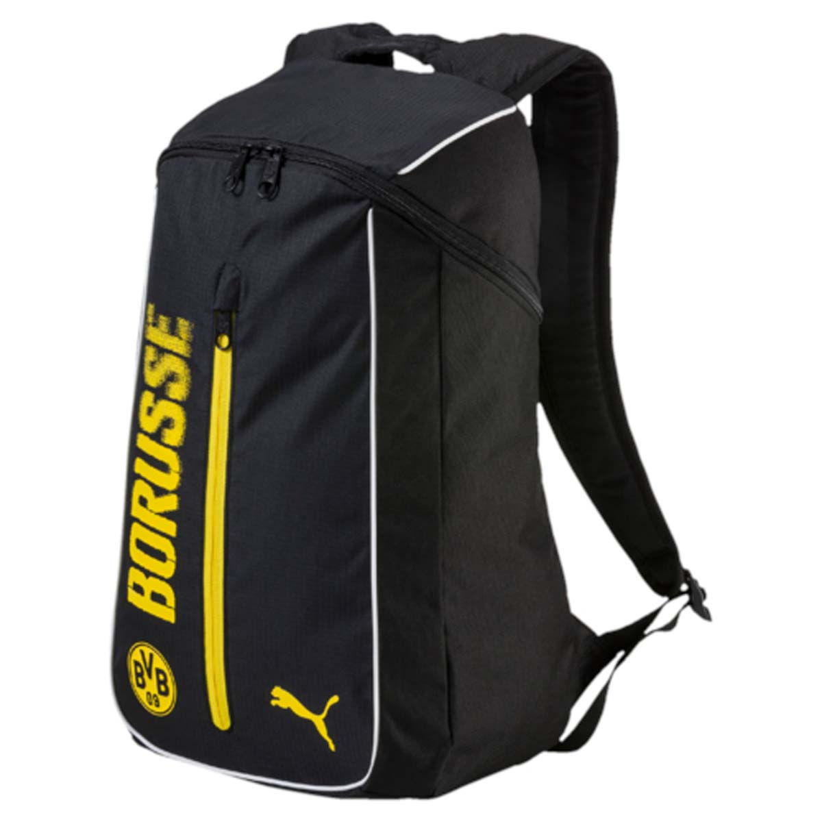 Рюкзак Puma Bvb Fanwear Backpack, цвет: черный. 07462201INT-06501 Рюкзак Puma Bvb Fanwear Backpack, цвет: черный. 07462201INT-06501Рюкзак Puma выполнен из текстиля. У модели одно основное отделение. Передний карман на молнии. Рюкзак с регулируемыми по длине плечевыми лямками и петлей для подвешивания.