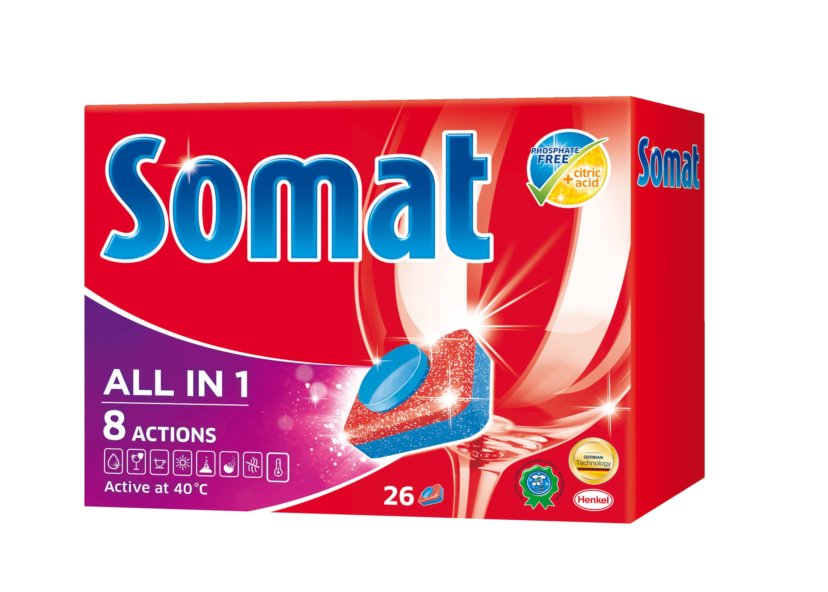 Таблетки для посудомоечной машины Somat, 26 шт106-026 Таблетки для посудомоечной машины Somat, 26 шт106-026Сомат Все-в-1 с активной формулой обеспечивает кристальную чистоту и сияющий блеск вашей посуде и включает следующие функции:Очиститель - для великолепной чистоты.Функция ополаскивателя - для сияющего блеска.Функция соли - для защиты посуды и стекла от известкового налета.Удаление пятен от чая.Защита посудомоечной машины против известковых отложений.Функция замачивания - эффективен как при замачиванииАктивная формула Пауэр Бустер помогает устранить засохшие остатки пищи.