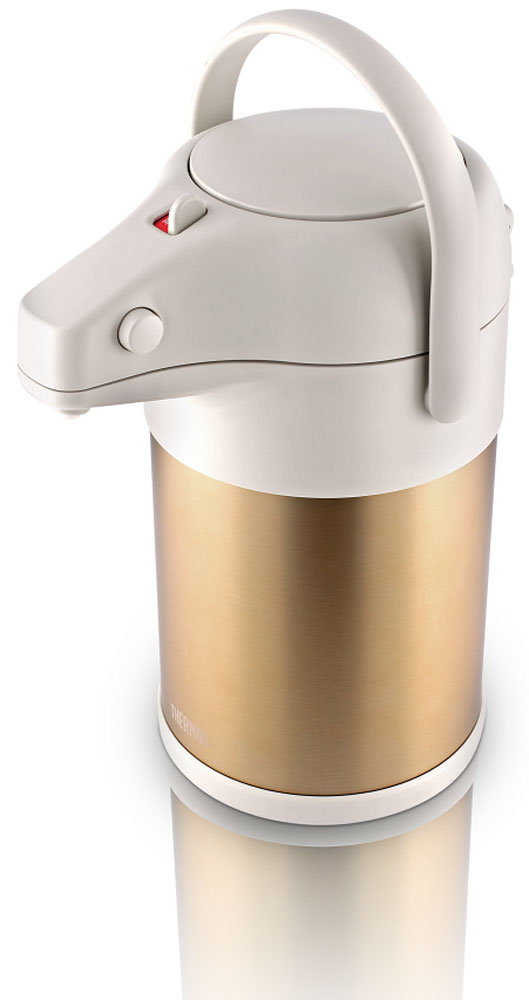 Термос Thermos, цвет: золотой матовый, 3 л. TAH-3000428974 Термос Thermos, цвет: золотой матовый, 3 л. TAH-3000428974Термос TAH-3000 из нержавеющей стали подходит для долгого и приятного чаепития в большой компании..Технология создания глубокого вакуума между стенками термоса, изолированная крышка способствуют лучшей теплоизоляции, поднимают характеристики удержания температуры до фантастических значений. Вращающееся основание корпуса позволяет легко поворачивать термос на 360 градусов. Мощный ручной пневмонасос быстро наполняет чашки кипятком. Имеется удобная ручка для переноски.Объем: 3 л.