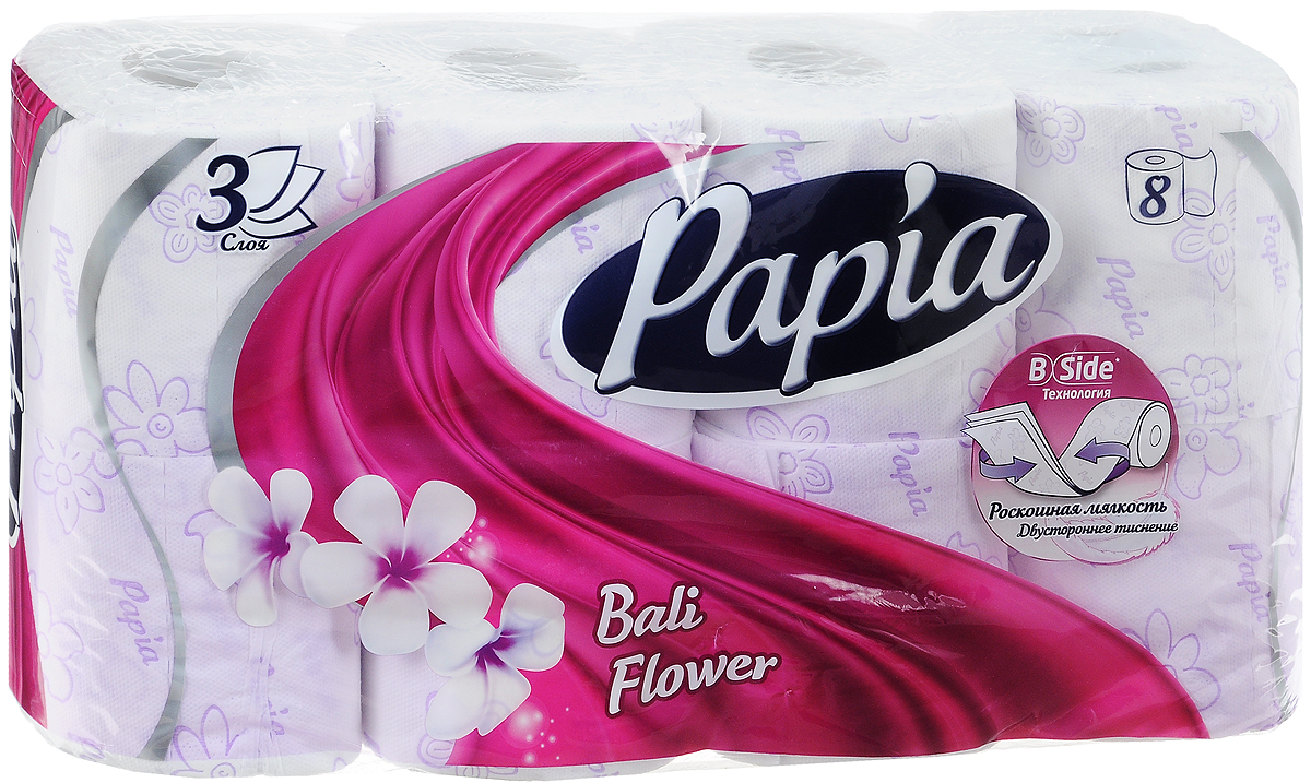 Туалетная бумага Papia Bali Flower ароматизированная, трехслойная, цвет: белый, 8 рулонов67744 Туалетная бумага Papia Bali Flower ароматизированная, трехслойная, цвет: белый, 8 рулонов67744Трехслойная туалетная бумага Papia Bali Flower изготовлена из целлюлозы высшего качества. Листы оформлены тисненым рисунком в виде цветов и надписи Papia. Мягкая, нежная, но в тоже время прочная, бумага не расслаивается и отрывается строго по линии перфорации. Бумага ароматизирована.Туалетная бумага Papia Bali Flower предназначена для тех, кто хочет, чтобы ванная была самая уютная на свете, а нежный аромат балийского цветка поднимет вам настроение.Товар сертифицирован.Материал: 100% целлюлоза.Количество листов (в одном рулоне): 140 шт.Количество слоев: 3.Размер листа: 9,5 см х 12 см.Длина рулона: 16,8 м.Уважаемые клиенты!Обращаем ваше внимание на возможные изменения в дизайне упаковки. Качественные характеристики товара остаются неизменными. Поставка осуществляется в зависимости от наличия на складе.